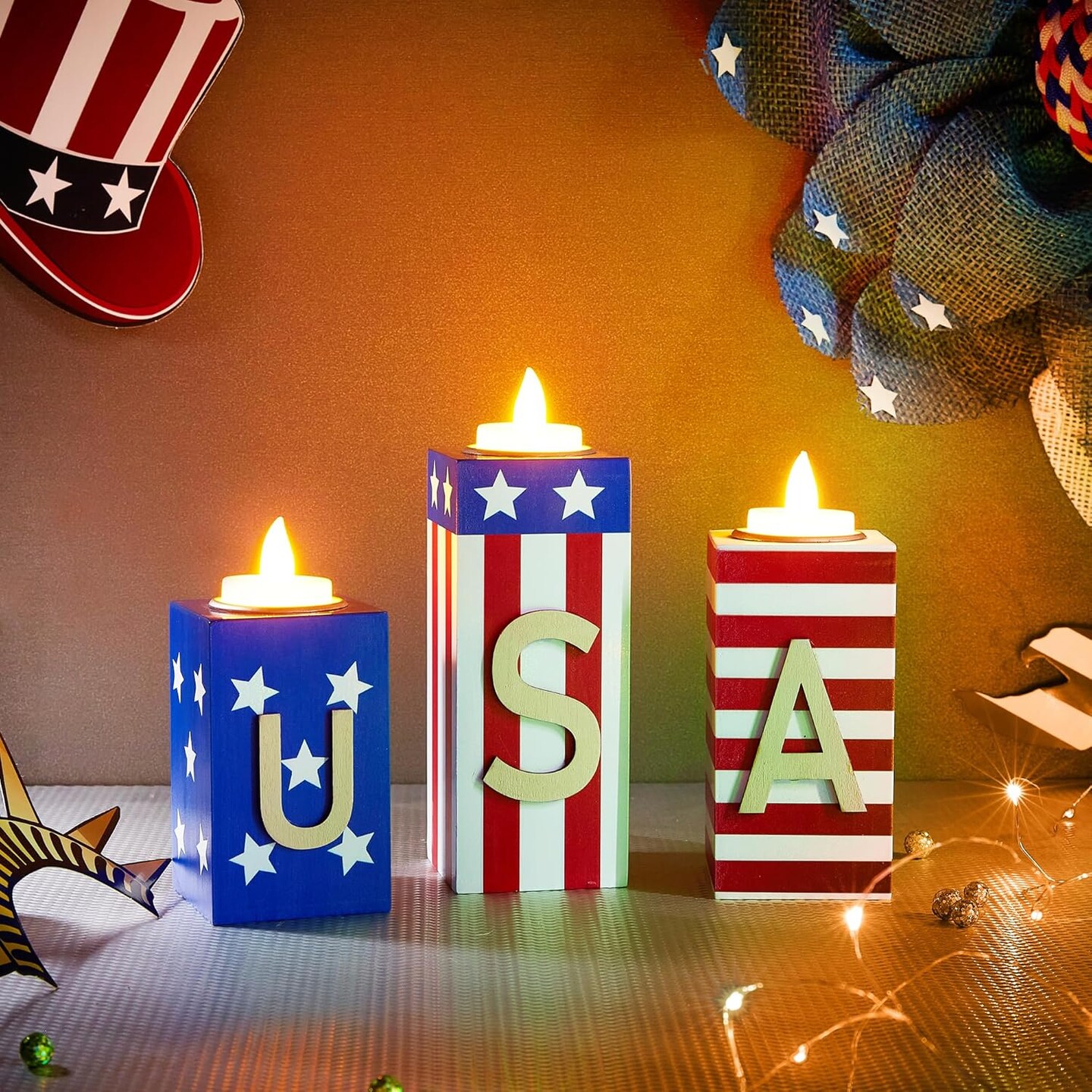 3 PCS - 4th of July Decor Patriotic Wood Candle Holders with Tea Lights(Flag Style)
