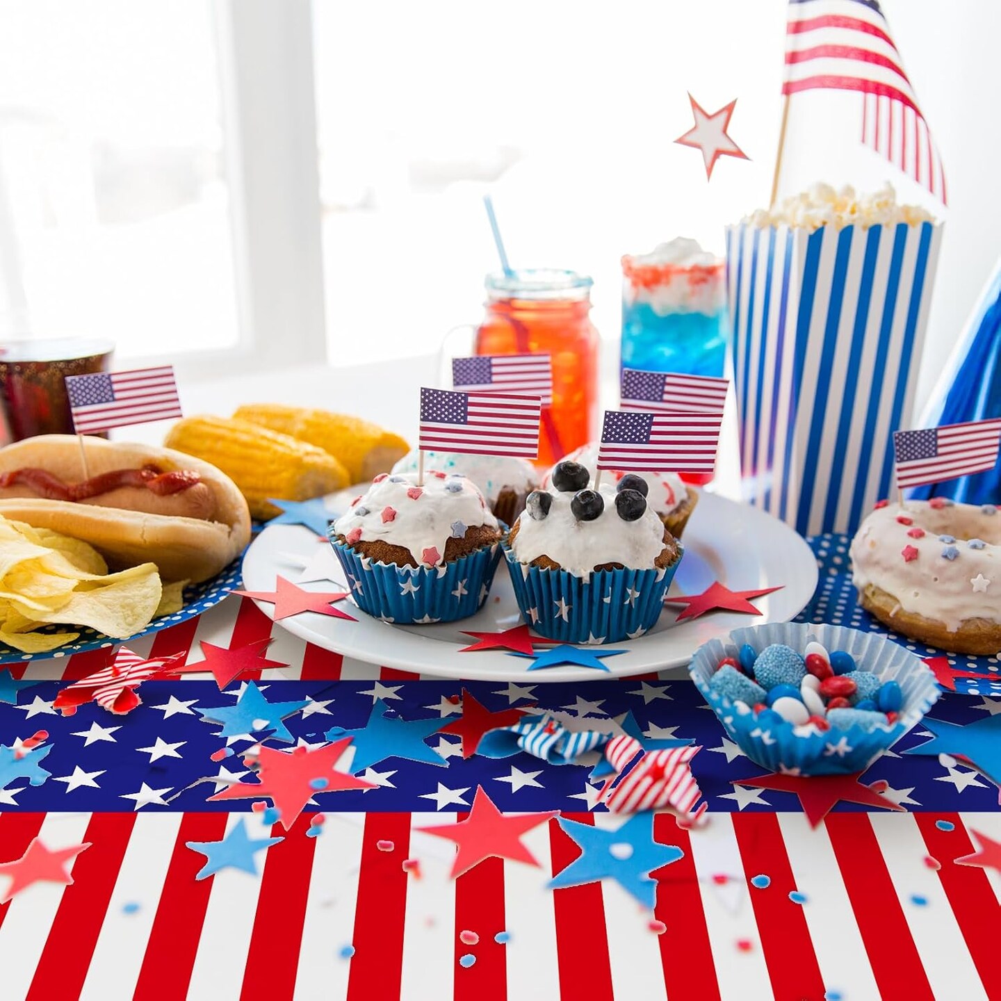 162 Pcs American Flag Patriotic Party Supplies Red White and Blue Disposable Plastic Tablecloths Knife Fork Spoon Paper Plates Cups Napkins for Veterans Day Decorations(Simple)