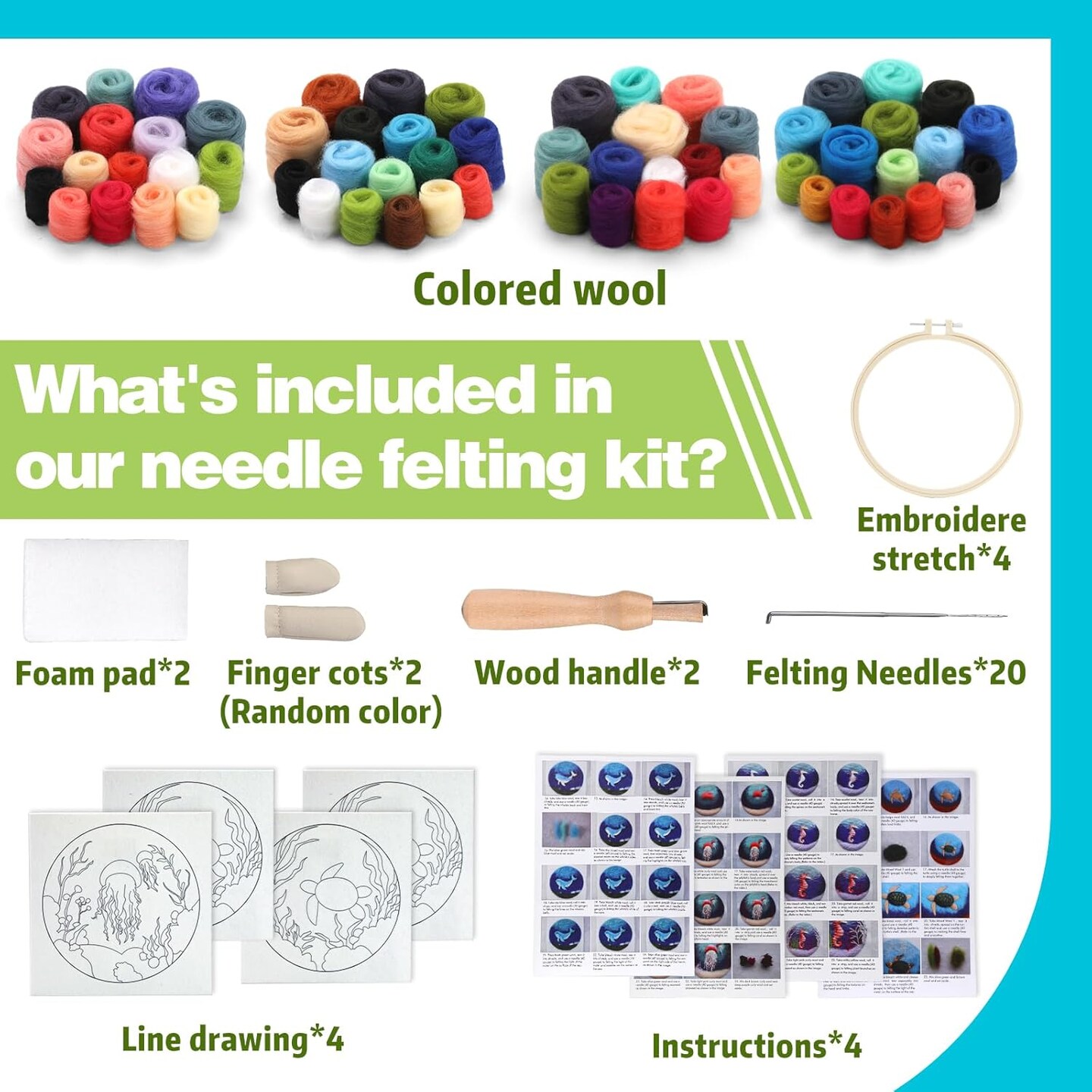 Needle Felting Kit, Wool Felting Kit for Beginners Adult with Wool, Needles, Foam Pad, Felt Cloth and Instructions &#x2013; 4 Set Sea Animals Painting Frame for Great Gift