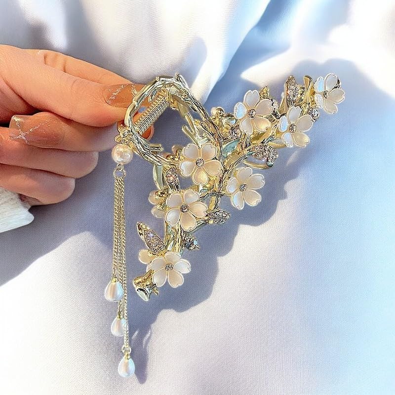 Elegant Floral Hair Clip, Pearl Tassel Bun Holder, Gold Lily of The Valley Design with Dangling Pearls