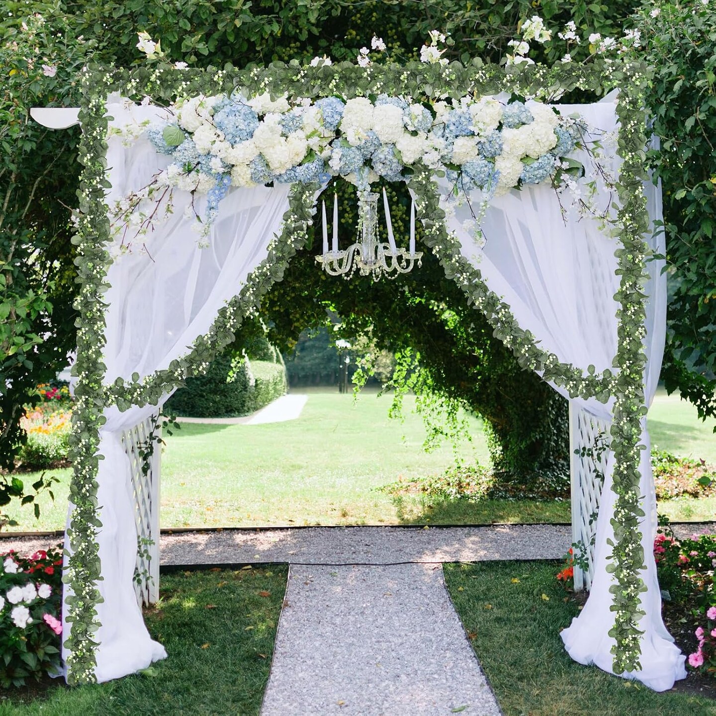 2 Pack Artificial Eucalyptus Garland with Flowers, 5.9ft/pcs Faux Silver Dollar (Grey Green With Flowers)