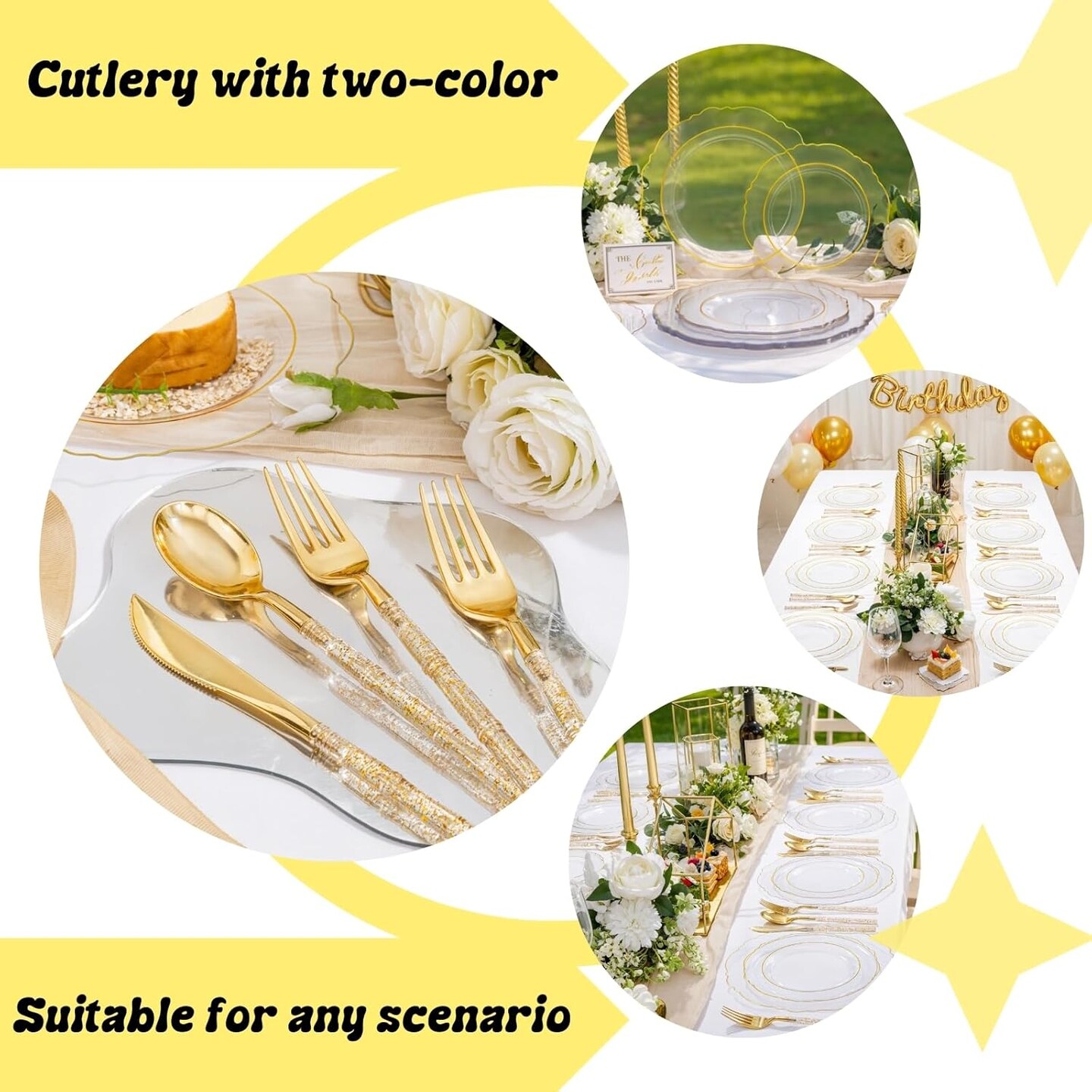150PCS Clear Gold Plastic Plates - Disposable Plastic Silverware with Glitter Bamboo Handle Cutlery-Baroque Clear (Gold)