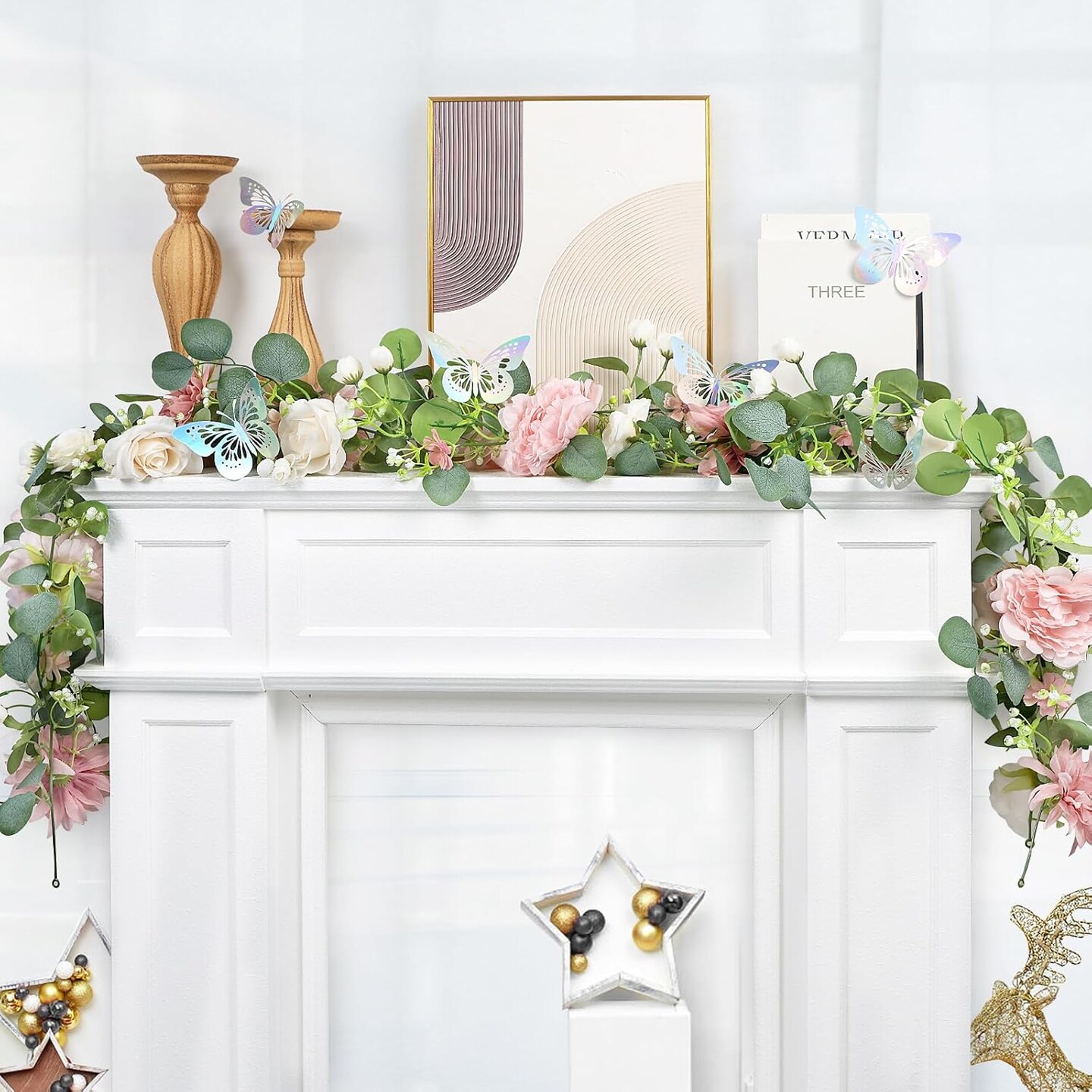 2 Pack 5.9 FT Artificial Flower Garland with Butterflies Fake Rose Garland - Dusty Pink