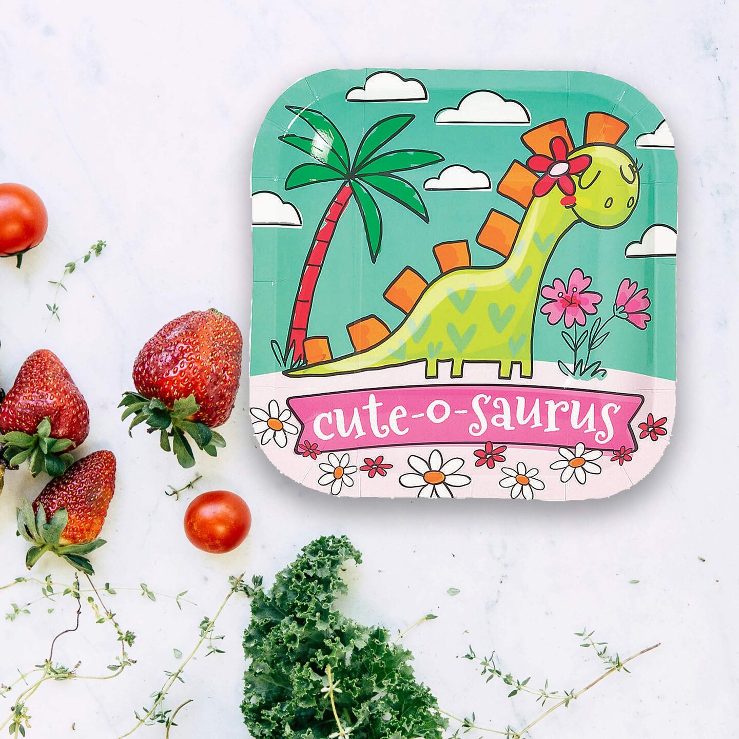 8 Count Girl Dinosaur Party Cute-O-Saurus Square Paper Dessert Plates 6.5" Birthday Plates