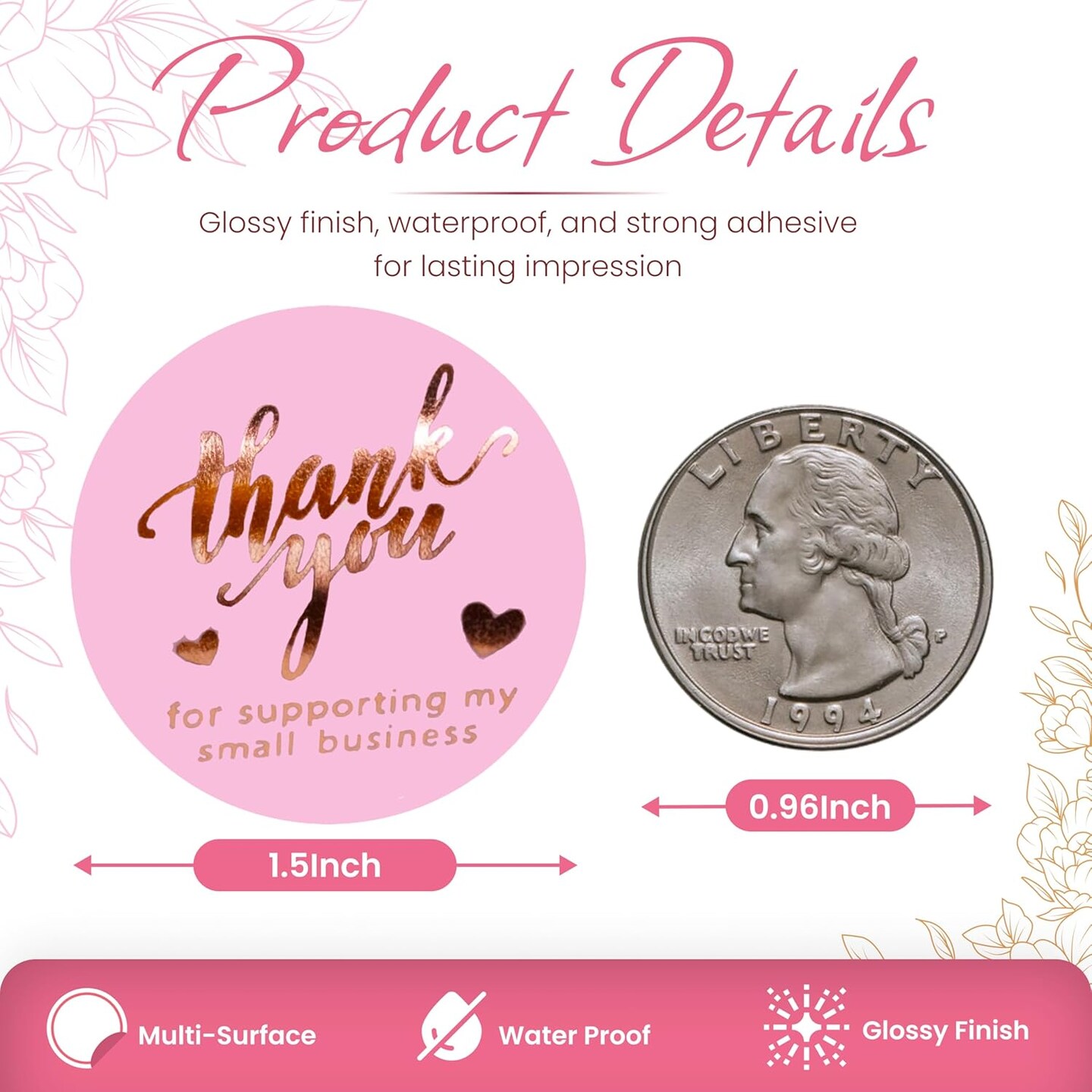 500 Pcs 1.5 Inch Pink and Rose Gold Thank You Stickers for Small Business