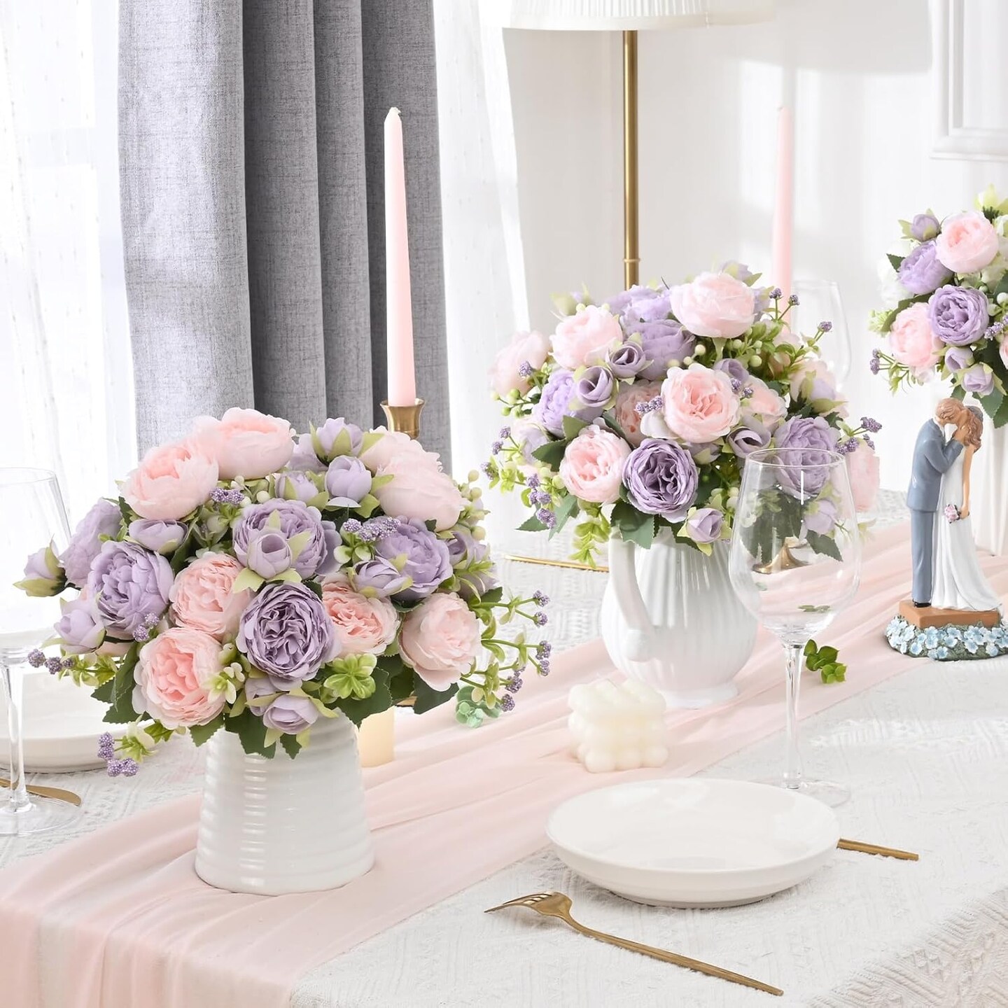 4 Packs Artificial Peonies &#x2013; Silk Flowers for Table Centerpiece (Pinkish-Purple)