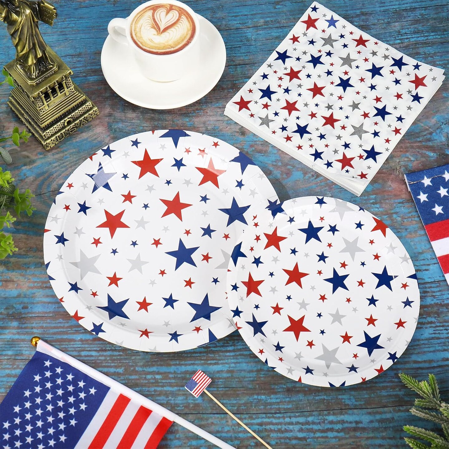 72Pcs Patriotic Party Tableware Set Red Blue Star Disposable Dinnerware 48Pcs Paper Plate 24Pcs Napkin for 4th of July Independence Day Party Supplies Table Decor