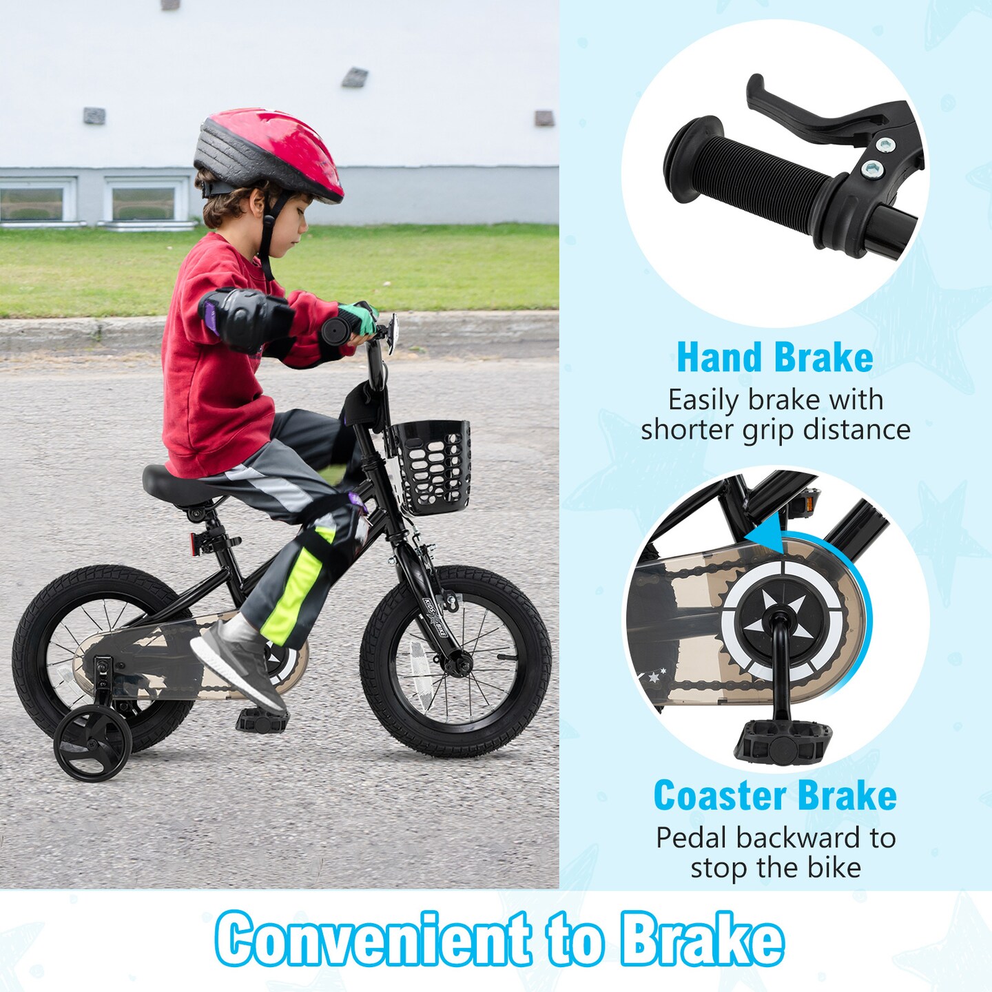 Black Metal Kids Bike with Dual Brakes and Basket, Training Wheels