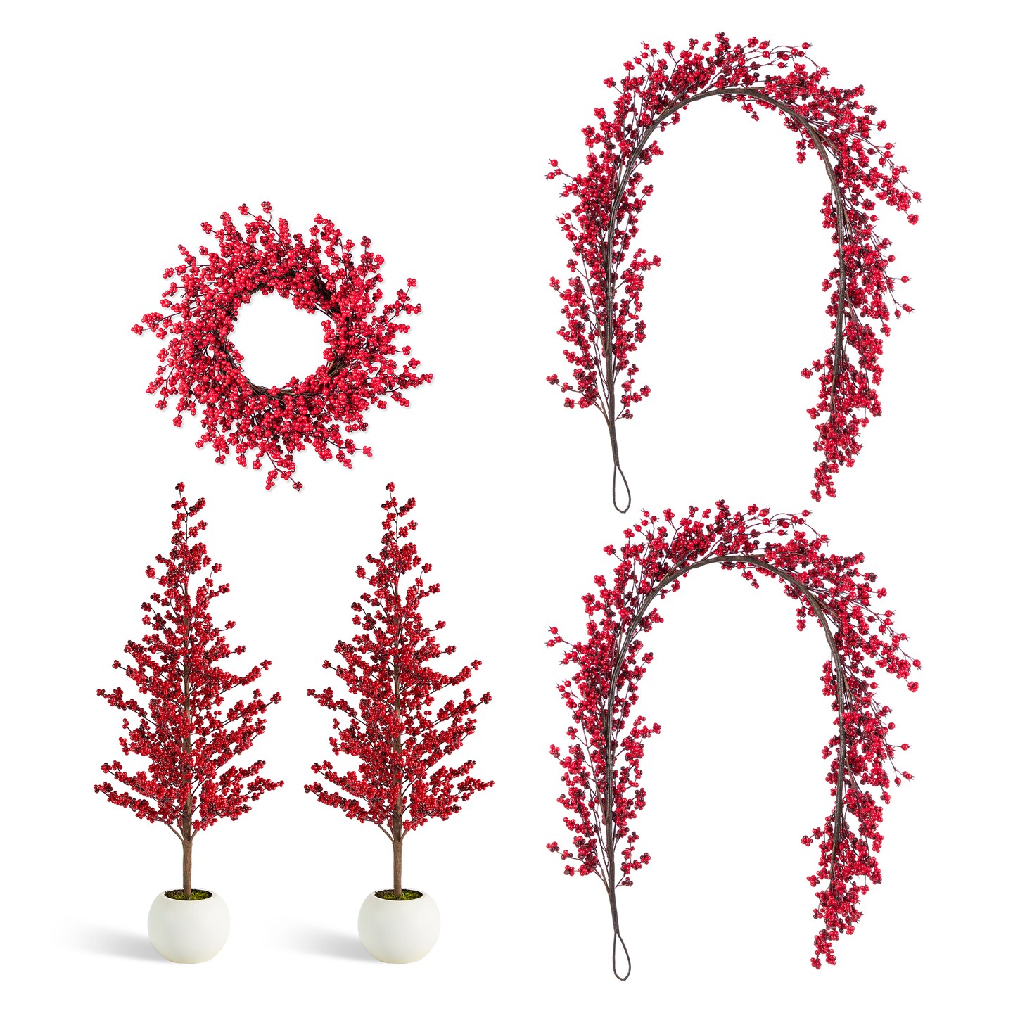 Set of 5 Christmas Red Berries 41"H Porch Tree & 6ft Garland & 25"D/14"D Wreath Set