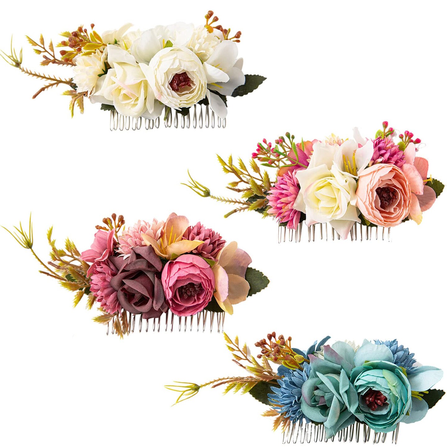 4 Pack Large Artificial Flower Metal Hair Side Combs Floral Slide Hair Clips Headpieces Accessories