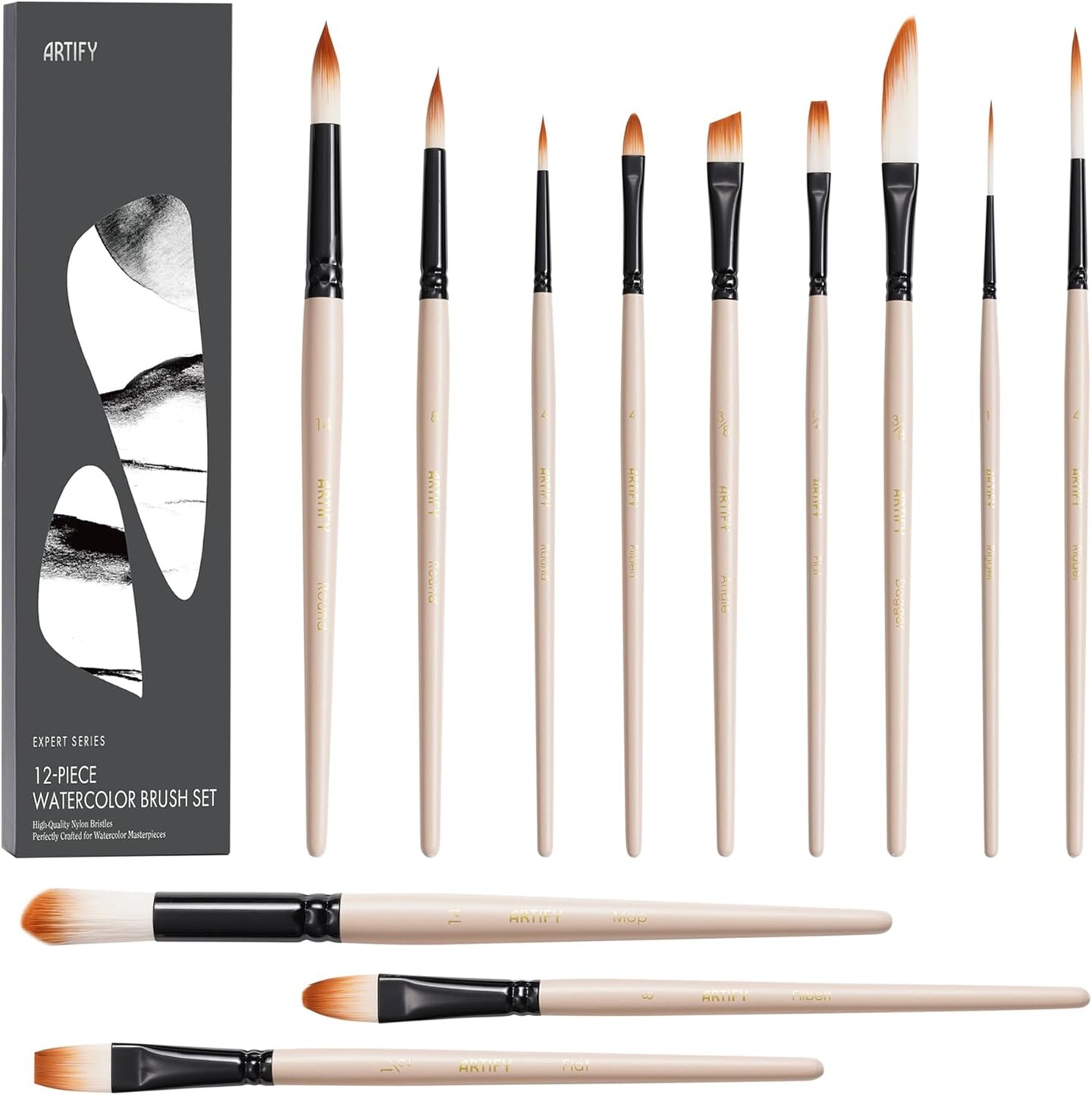ARTIFY Watercolor Brush Set, 12 Pcs Professional Paint Brushes with Case for Beginners and Artists, Various Shapes, Optimized Hairs for Watercolor, Gouache, Ink, Tempera, and Fabric Painting