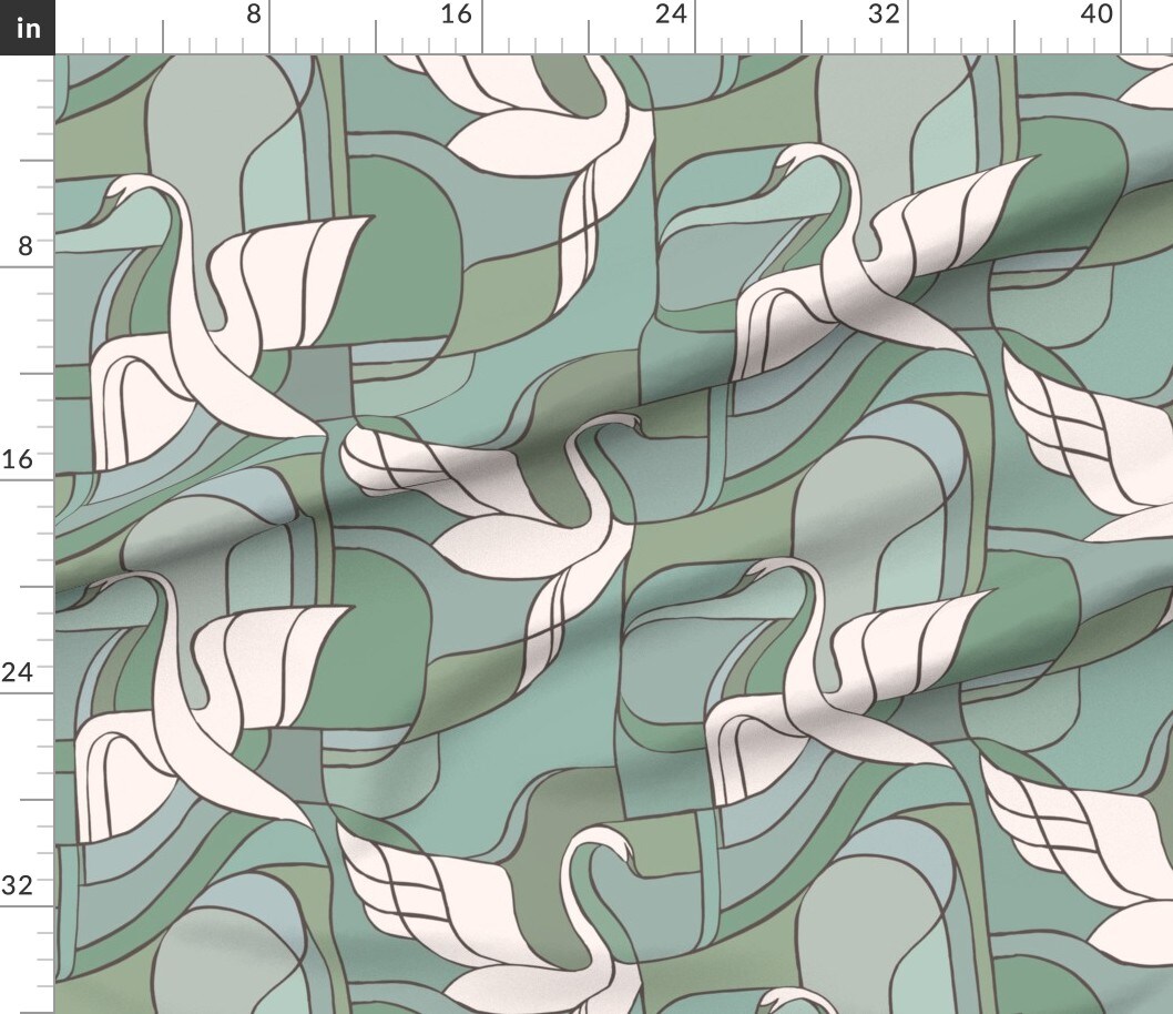 Abstract Birds Art Nouveau Stained Glass Swan Geometric Monochromatic Jumbo Scale Modern Green Serene Calming Lines Mcm Minimalist Nature Custom Printed Fabric by Spoonflower Various Fabrics by the Yard or Fat Quarter