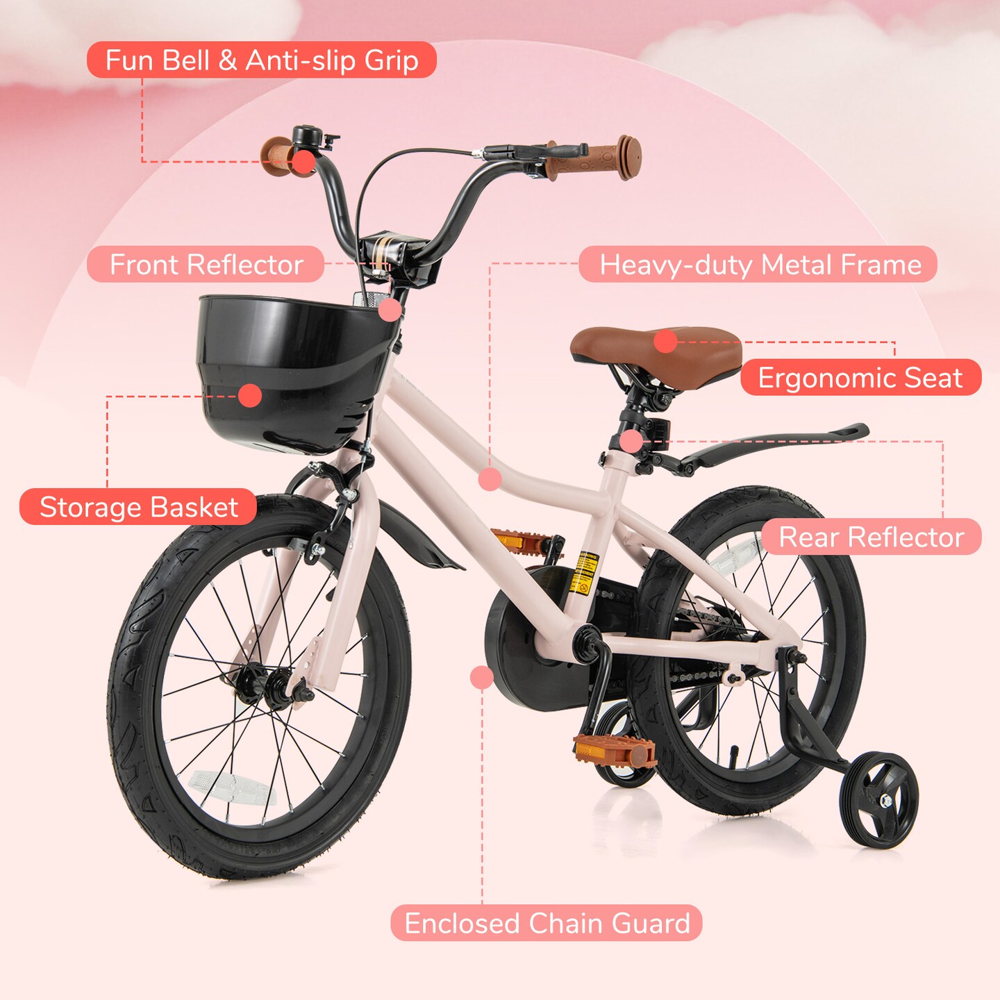 Pink Metal Kids Bike with Dual Brakes and Basket, Adjustable Handlebar
