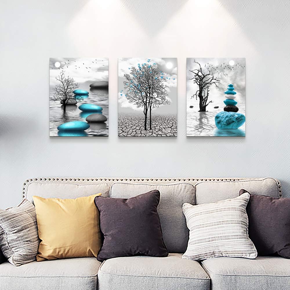 3 Piece Framed Canvas Art Prints Ready to Hang Inspirational Abstract Blue Pictures Home Decorations
