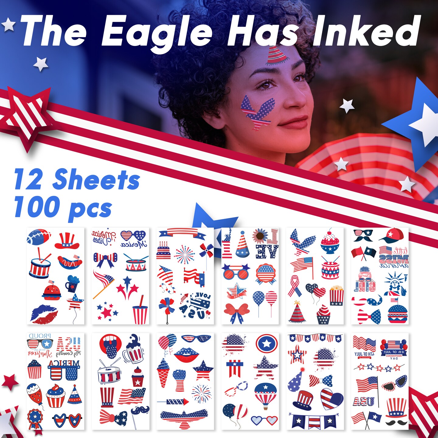 4E&#x2019;s Novelty Patriotic Temporary Tattoos 100 Pcs, 4th of July Tattoos for Kids, American Flag Temporary Tattoos, Waterproof Fake Tattoos for Independence Day Party Supplies, Memorial Day Decorations