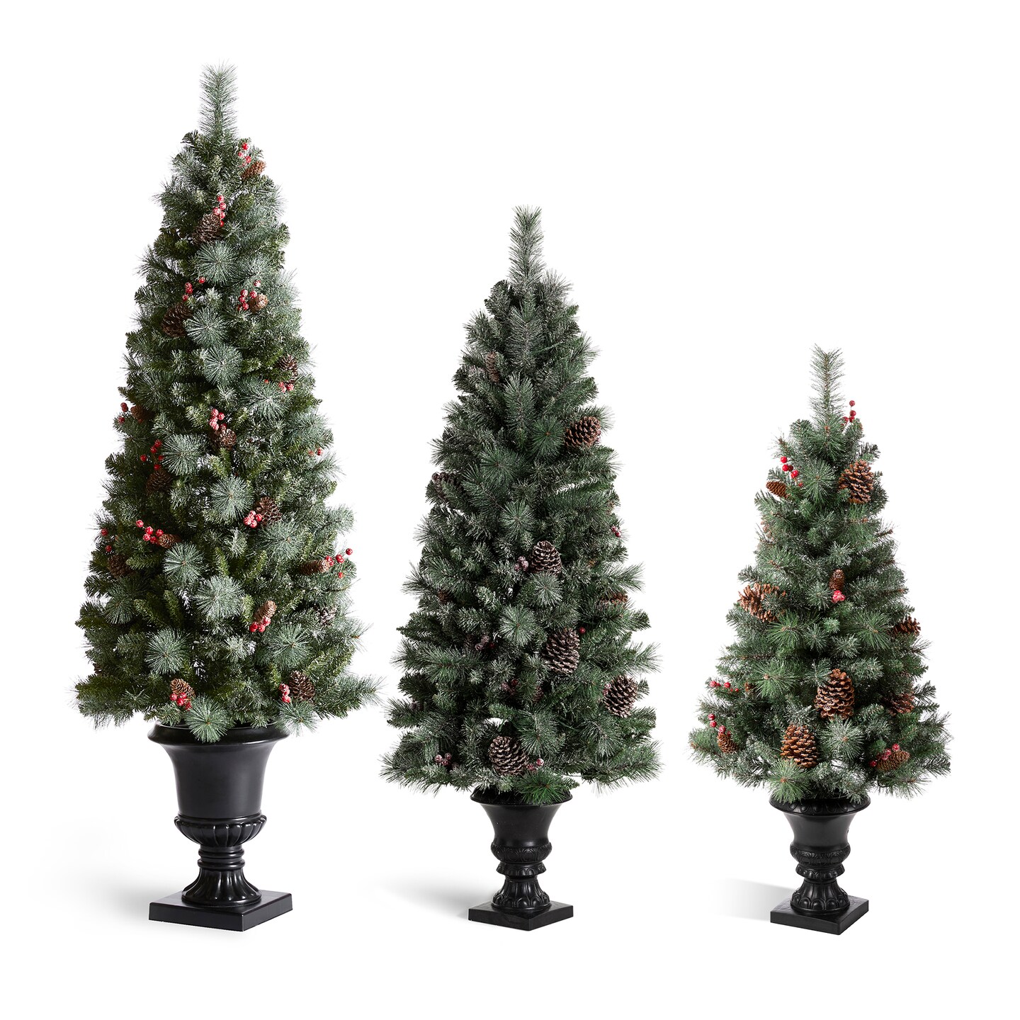Set of 2/3 4ft/5ft/6ft Flocked Pinecone Christmas Potted Porch Tree With Warm White Lights