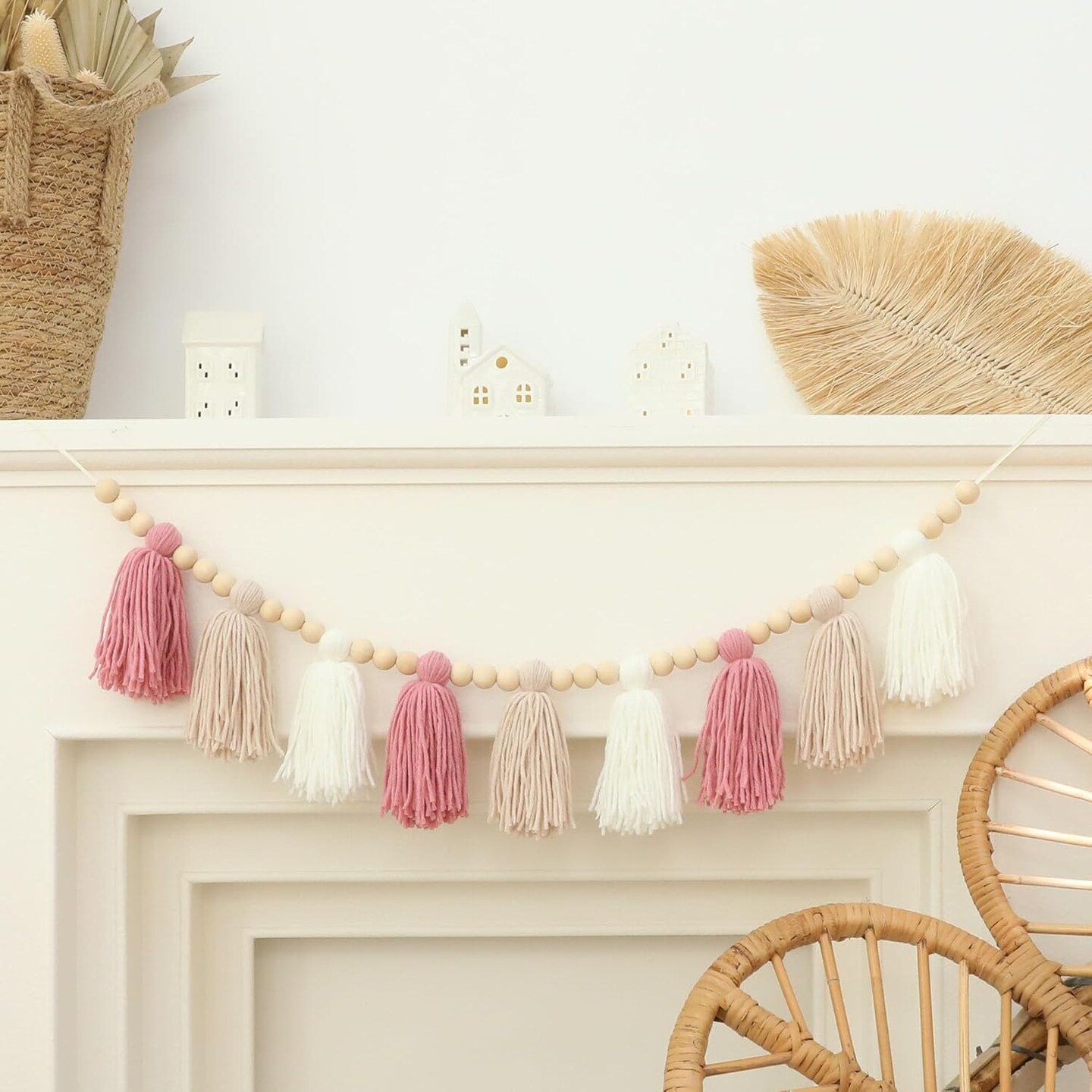 Boho Yarn Tassel Garland Pink Banner with Wood Beads
