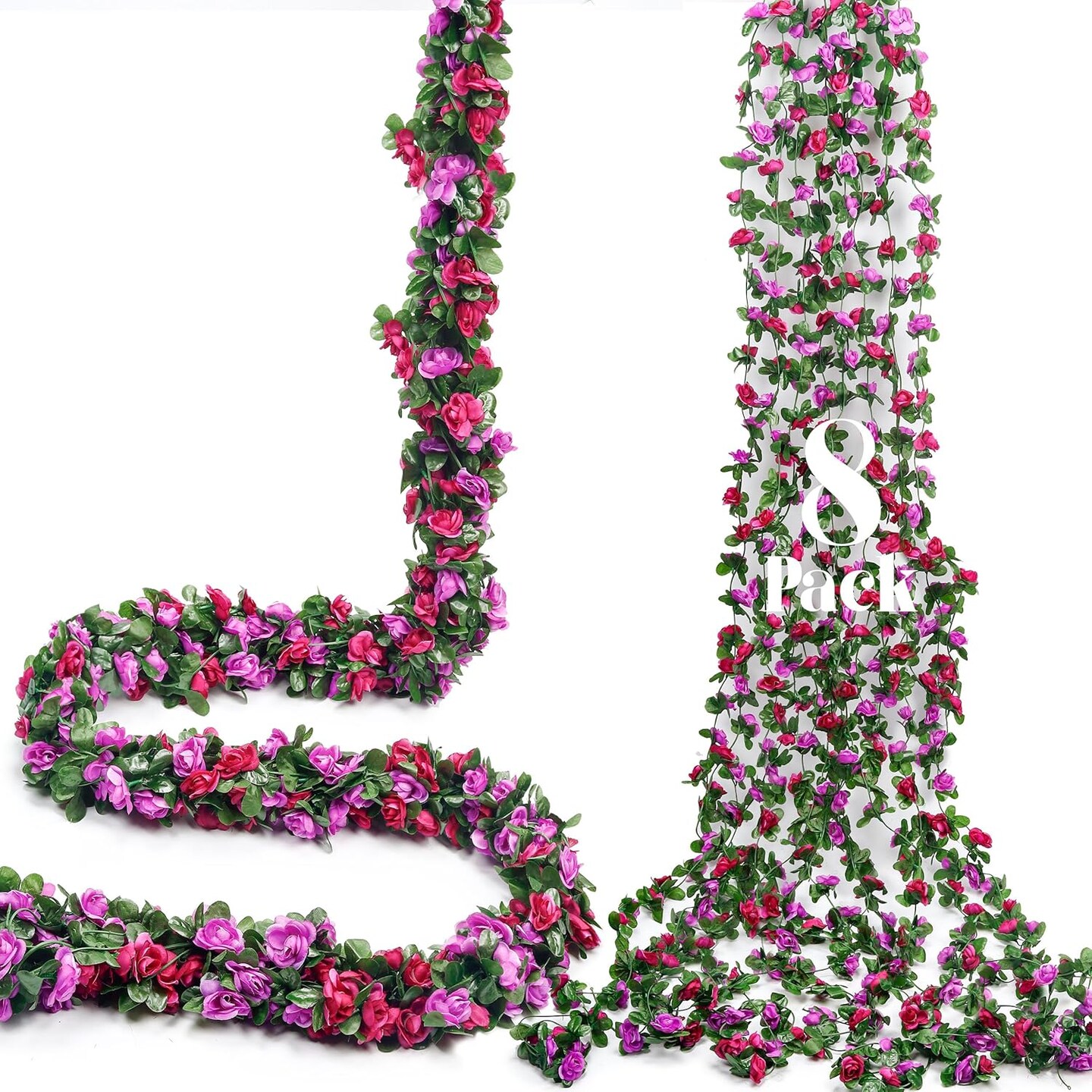 8Pcs 66FT Purple Flower Garland, Artificial Rose Floral Vines Fake Hanging Spring Flower Garland for Wall Backdrop Wedding Arch Tea Party Door Mantle Decoration
