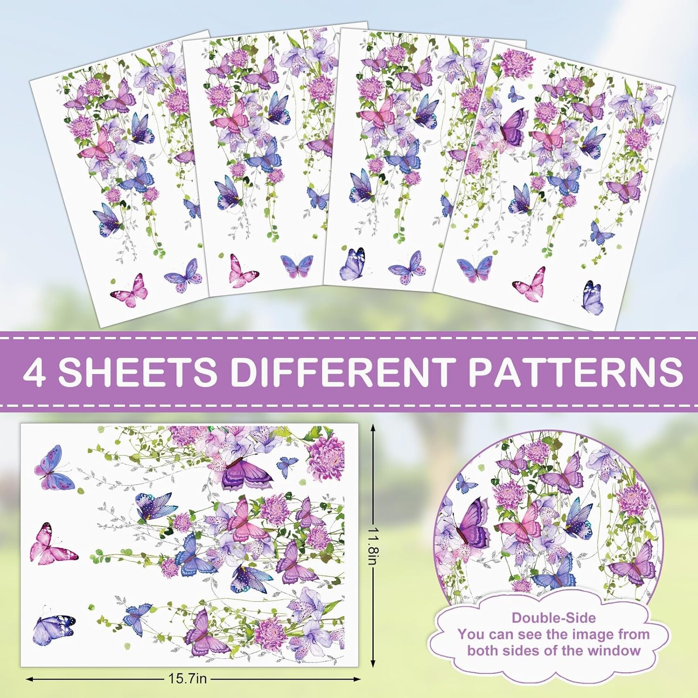 4 Sheet Spring Purple Floral Window Clings Watercolor Hanging Flower