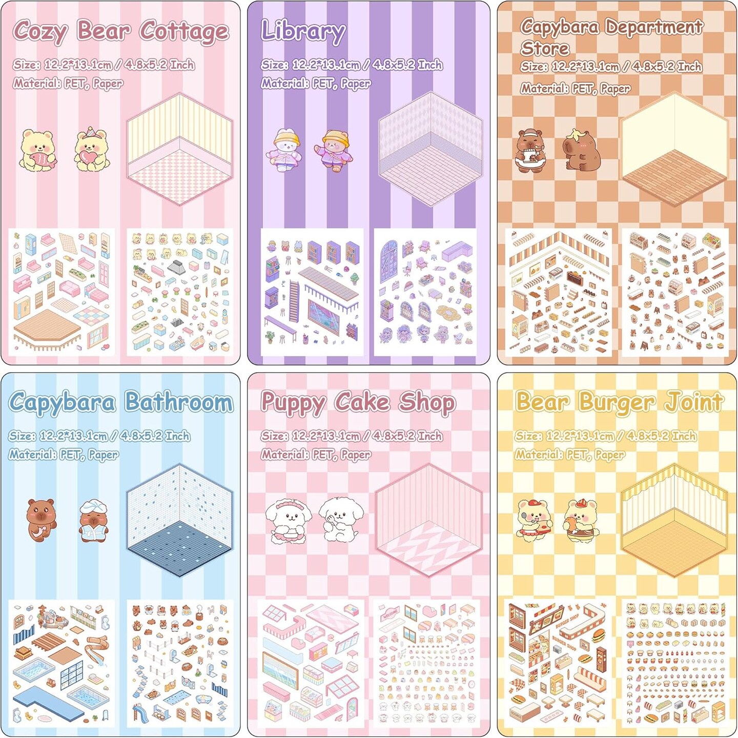 6 Set 3D Miniature Scene Stickers(Supermarket, Cafe, Library & Bathroom)