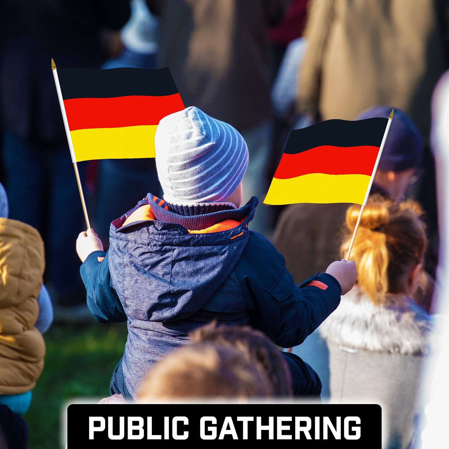 G128 12 Pack Handheld Germany German Stick Flags | 12x18 In | Printed 150D Polyester, Country Flag, Solid Wooden Stick, Spear Gold Tip