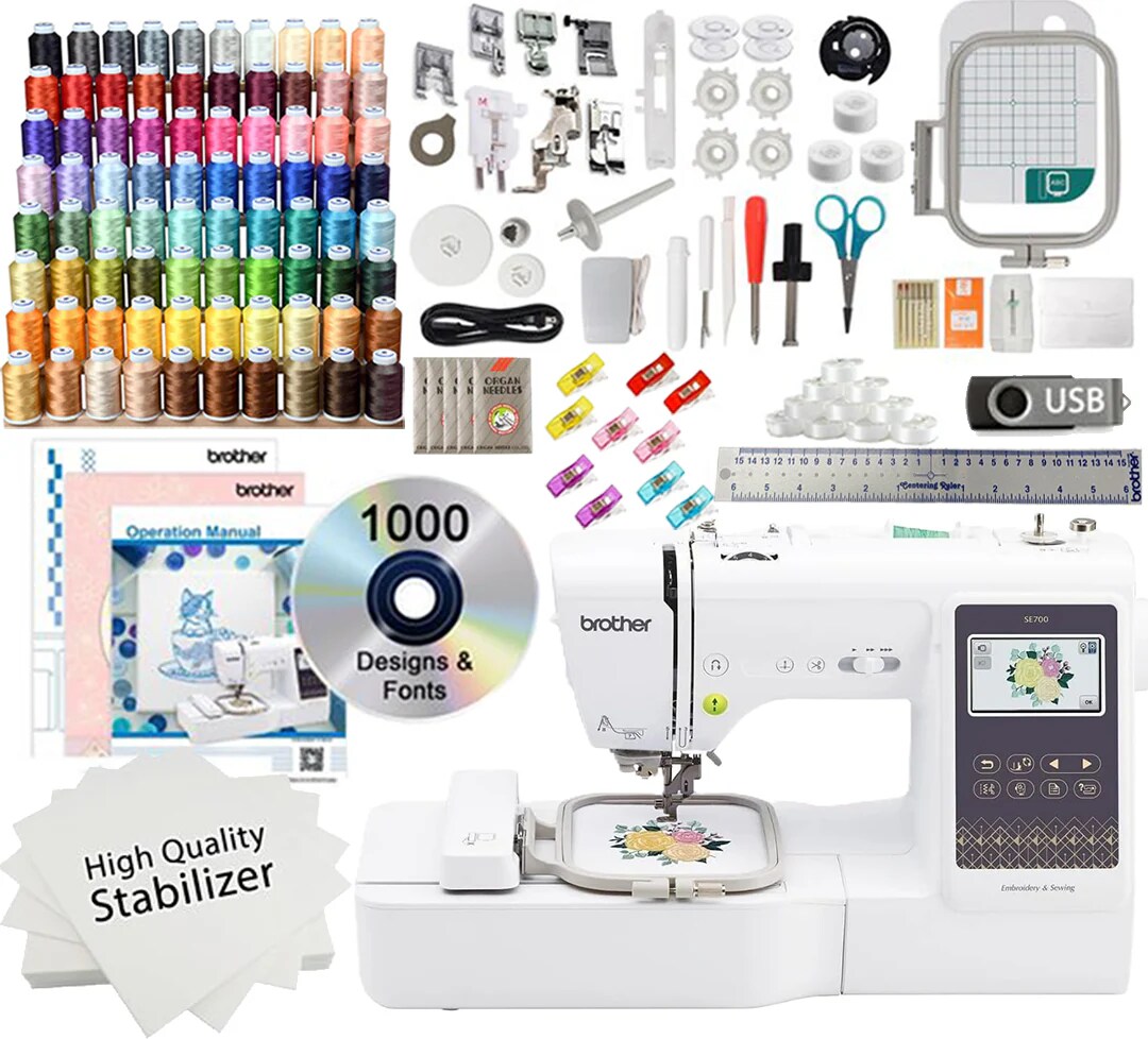 Brother SE700 Sewing and Embroidery Machine 4x4 With 103 Embroidery Thread Spool Bundle