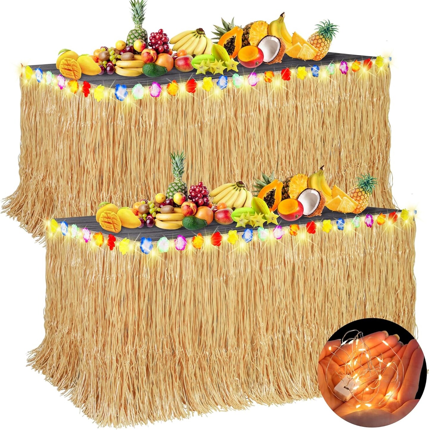 2 Pieces 9 Ft x 30 Inches Luau Grass Table Skirts with LED String Light (Natural)