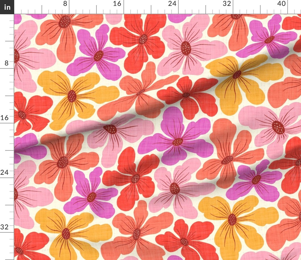 Various Fabrics by the Yard or Fat Quarter Retro Bold Floral Faux Linen Texture 70S Blooms Large Scale Colorful Summer Spring Pink Orange Yellow Coral Boho Bohemian Eclectic Crosshatch Custom Printed Fabric by Spoonflower