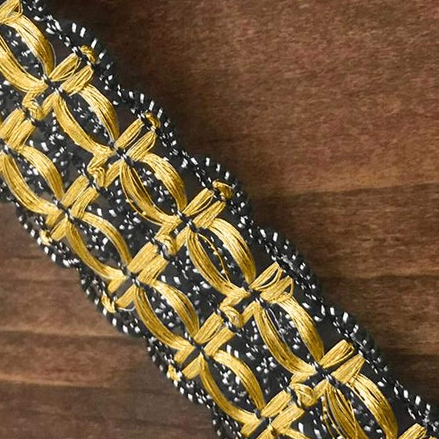 1 Yard Gunmetal &#x26; Gold Metallic Lace Gimp Trim &#x2013; Pull-Through Threading Decorative Upholstery Braid