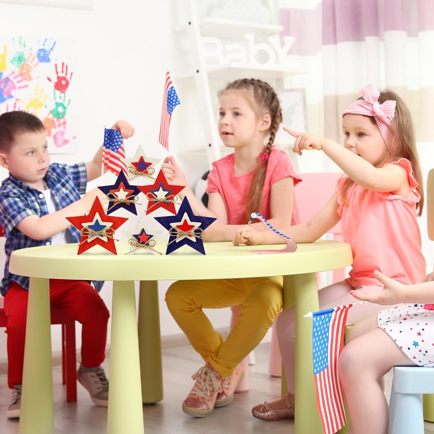 6 Pcs Patriotic Wooden Stars Signs Memorial Day Decorations Red White and Blue Embossed Star 4th of July Table Decor