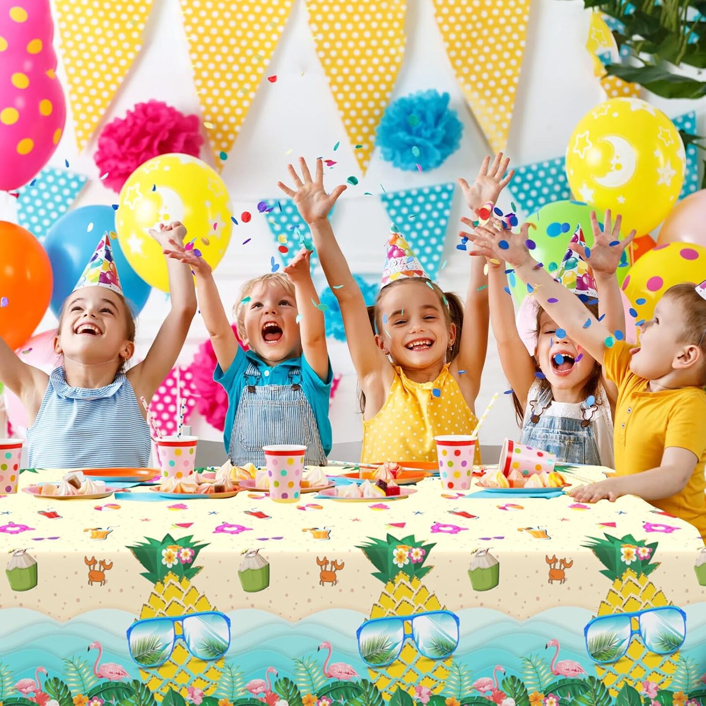 Hawaii Cloth With Pineapples and Flamingos - Plastic Tropical Luau Tablecloth