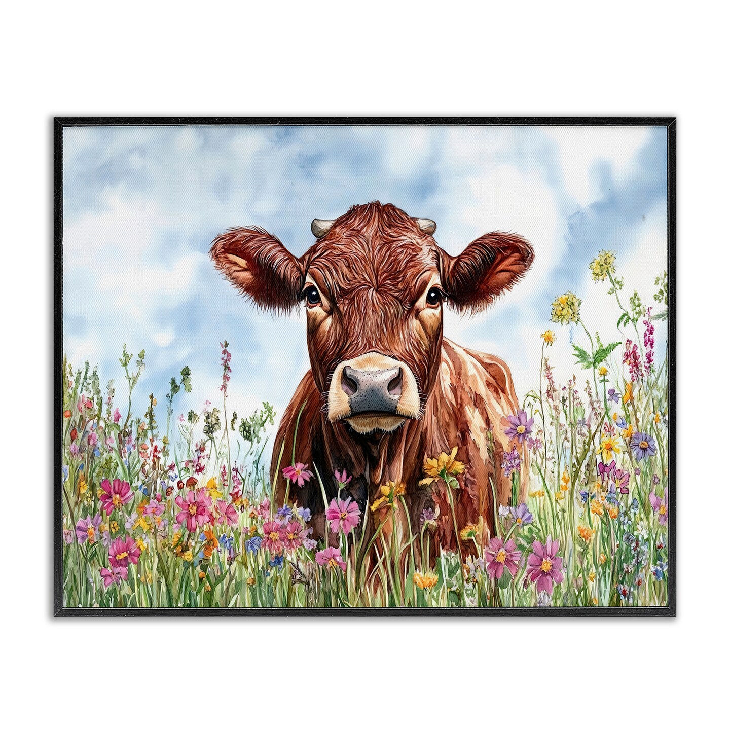 Stupell Industries Angus Cow in Field Of Flowers Framed Giclee By Franklyn Gregory