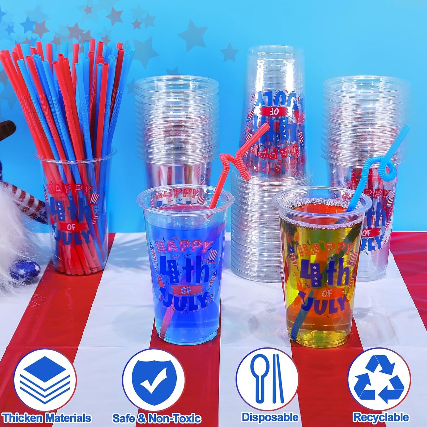 100Pcs USA 250th Anniversary 4th of July Decorations Patriotic Party Supplies, 50Pcs 16oz 4th of July Party Cups Patriotic Disposable Plastic Cups 50Pcs Red Blue Straws Independence Day Memorial Day