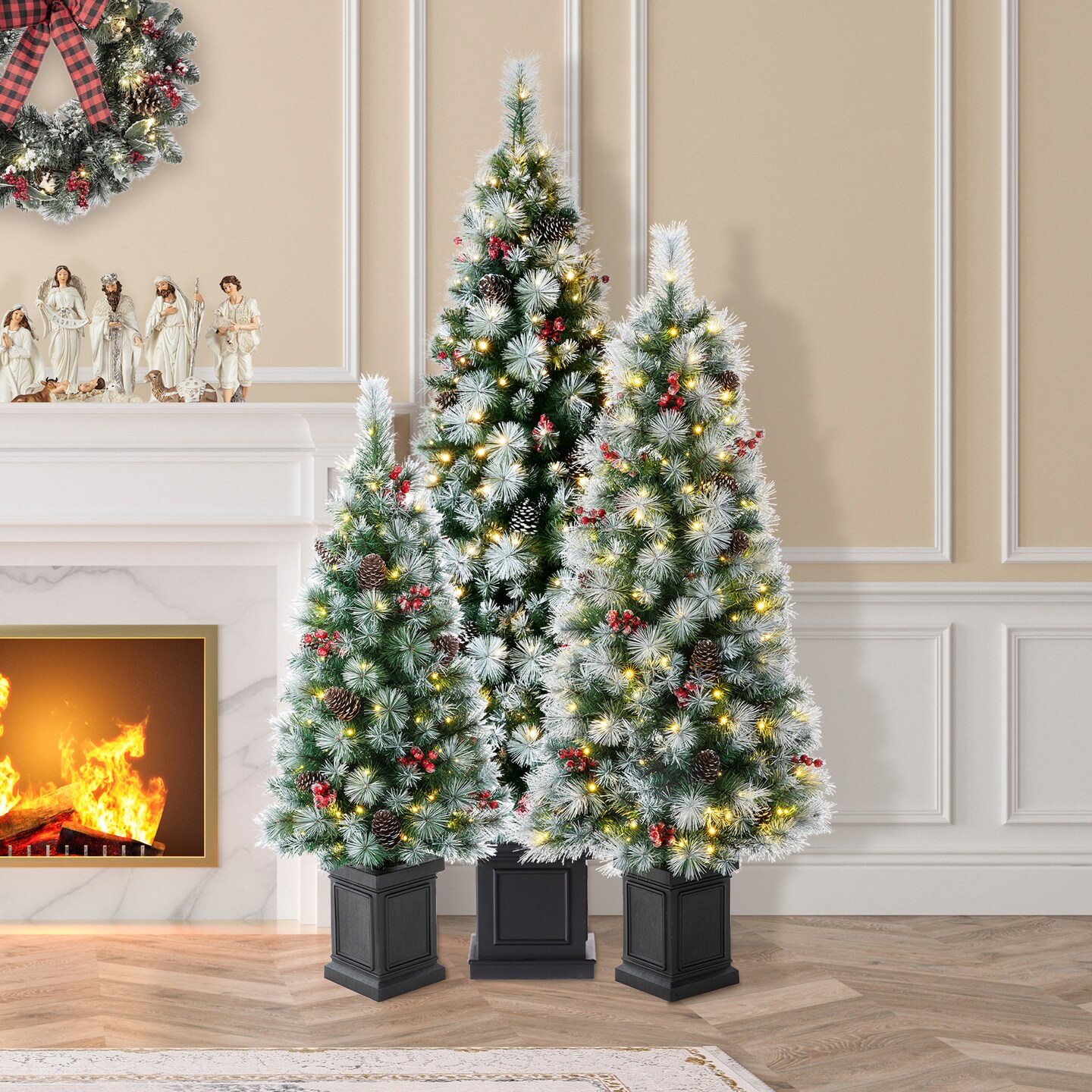 Set of 2/3 4ft/5ft/6ft Pre-Lit Pine Artificial Christmas Porch Tree with Decorative Urn Pot
