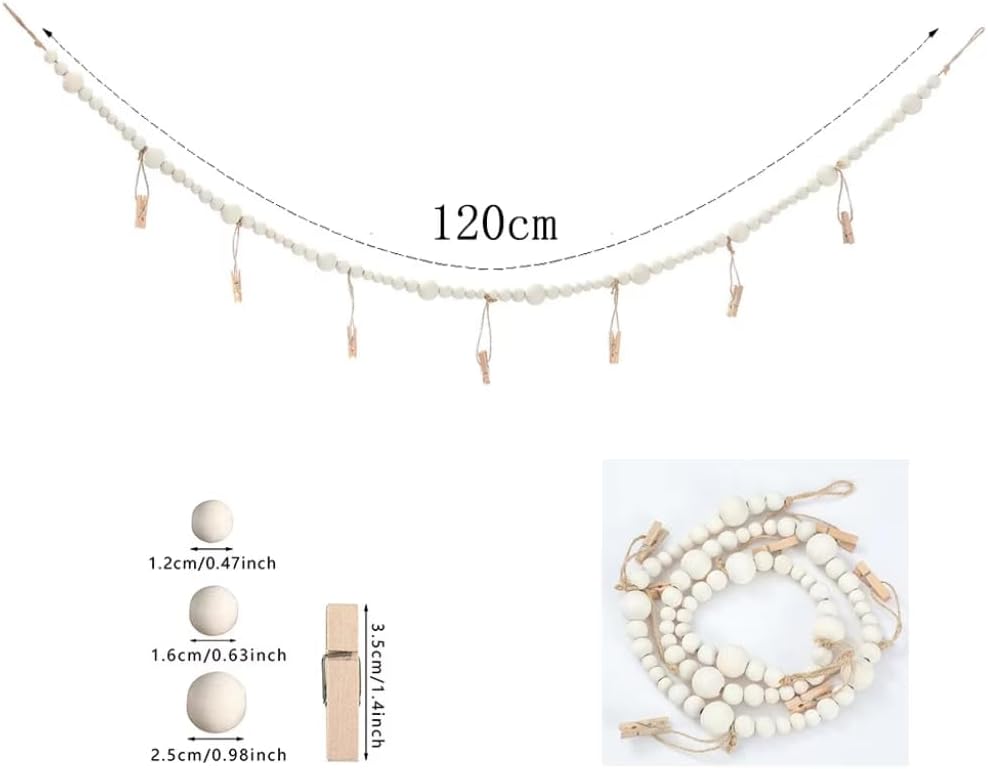 2PCS Hanging Photo Display Wall Decor, Boho Wooden Bead Garland Photo