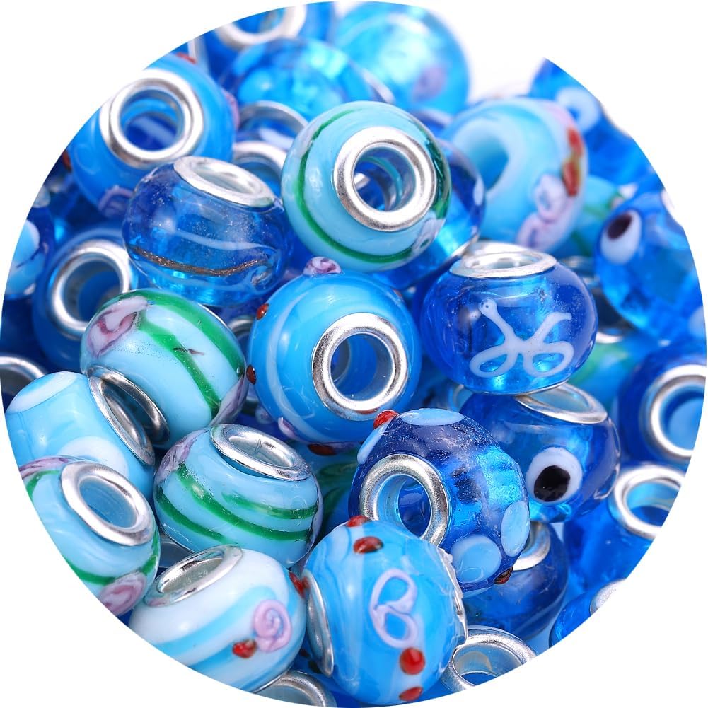 50Pcs 15x11mm Murano Large Hole Glass Beads with Silver Brass Cores European Beads for Jewelry Making (Aqua)