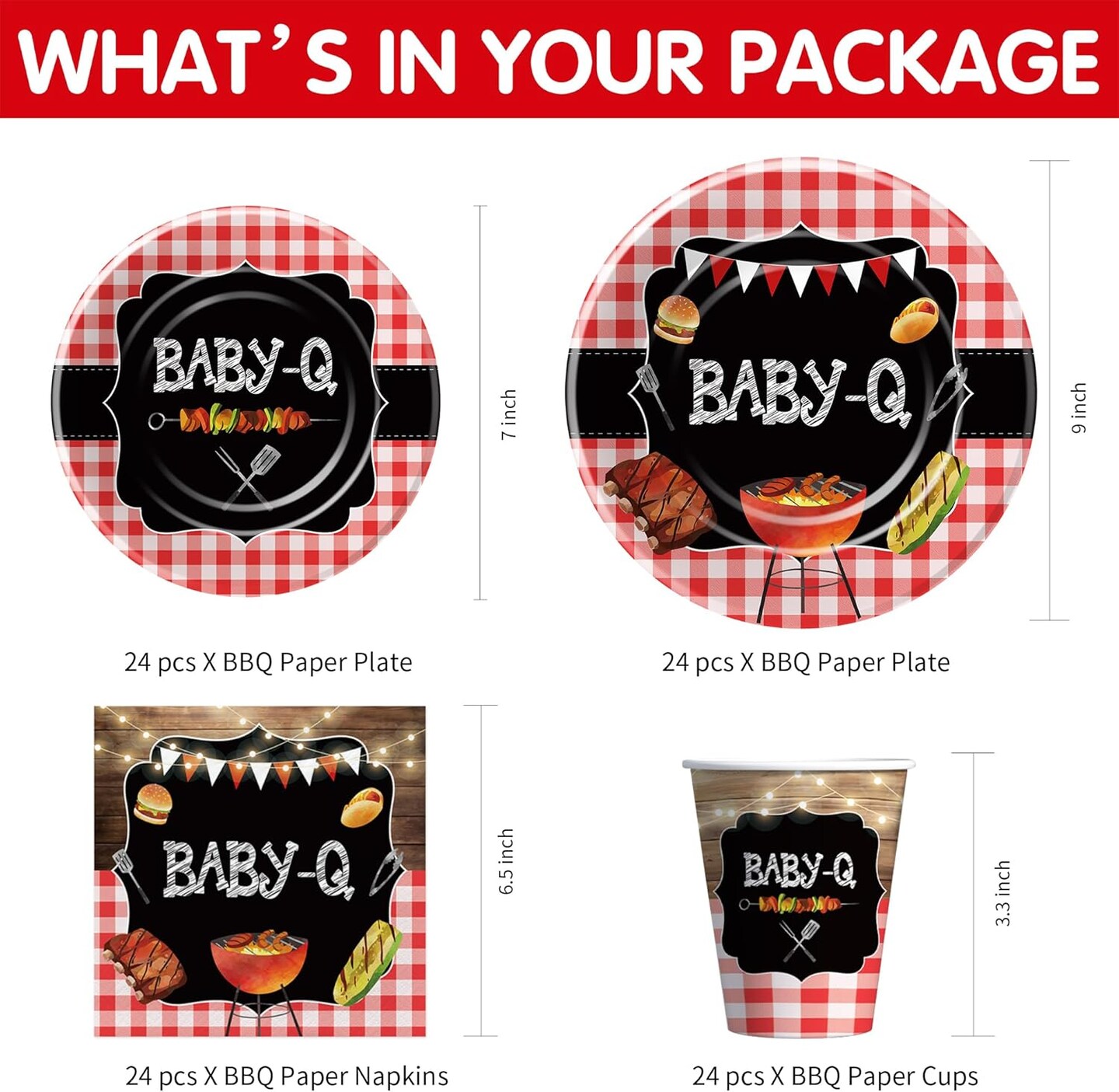 Baby Q Baby Shower Decorations Tableware - BBQ Baby Shower Decorations, Party Supplies | Serve 24(Red)