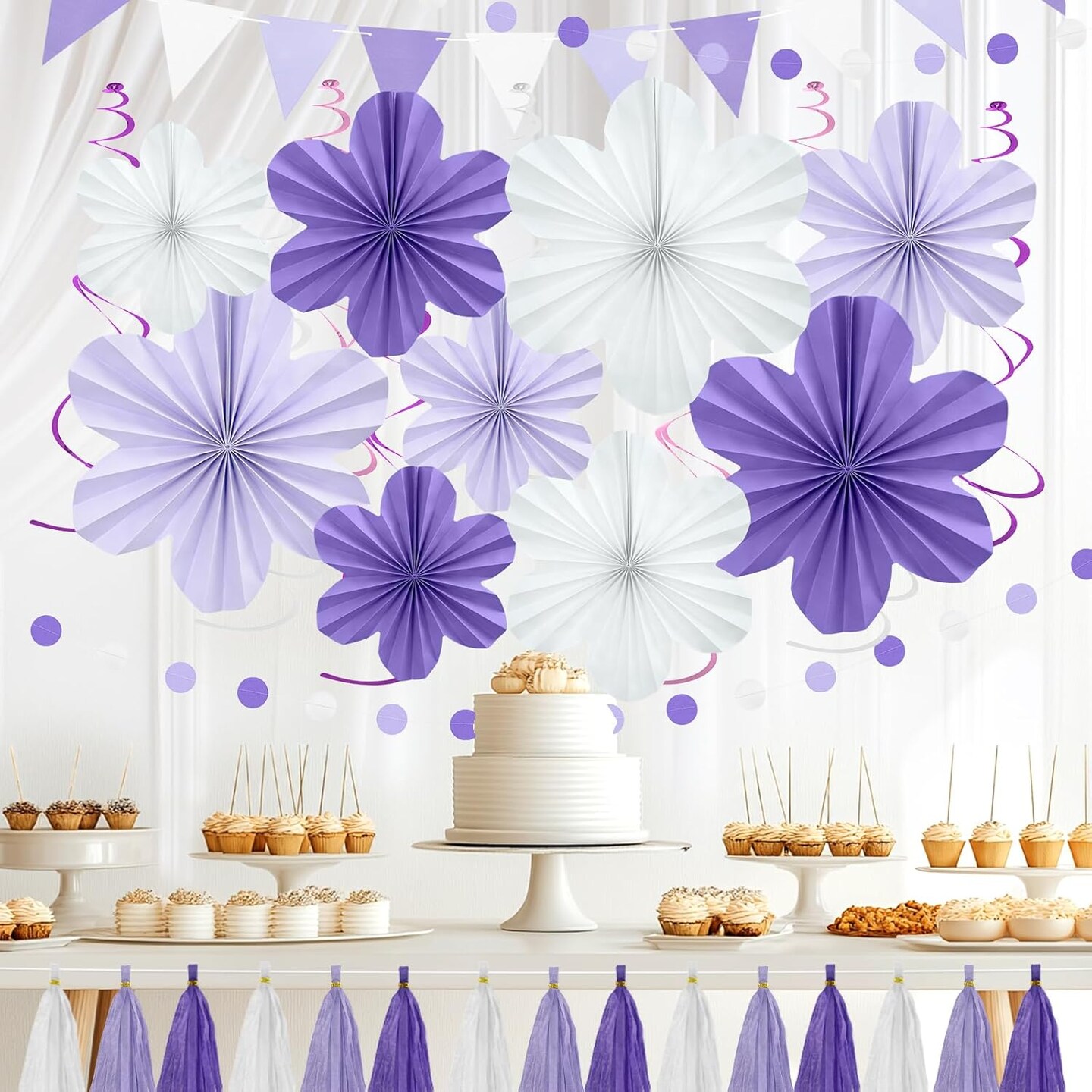 Purple & White Lavender Party Decor – Hanging Paper Flowers, Tassel Garland & Swirls
