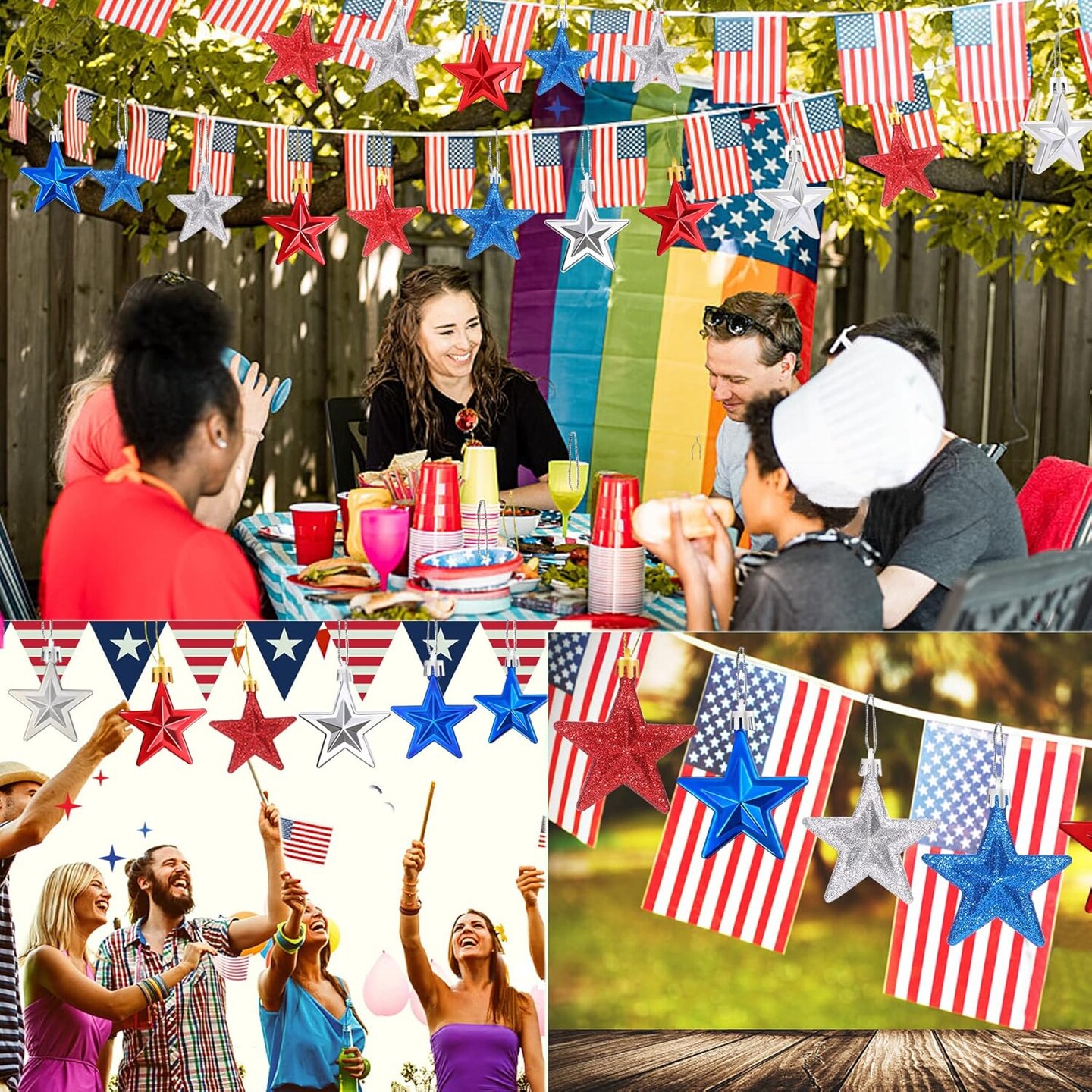 36Pcs Patriotic Star Ornaments Memorial Day Independence Day Labor Day Veterans Day Decorations for Home Party Christmas Tree Decor, Blue Red and Silver