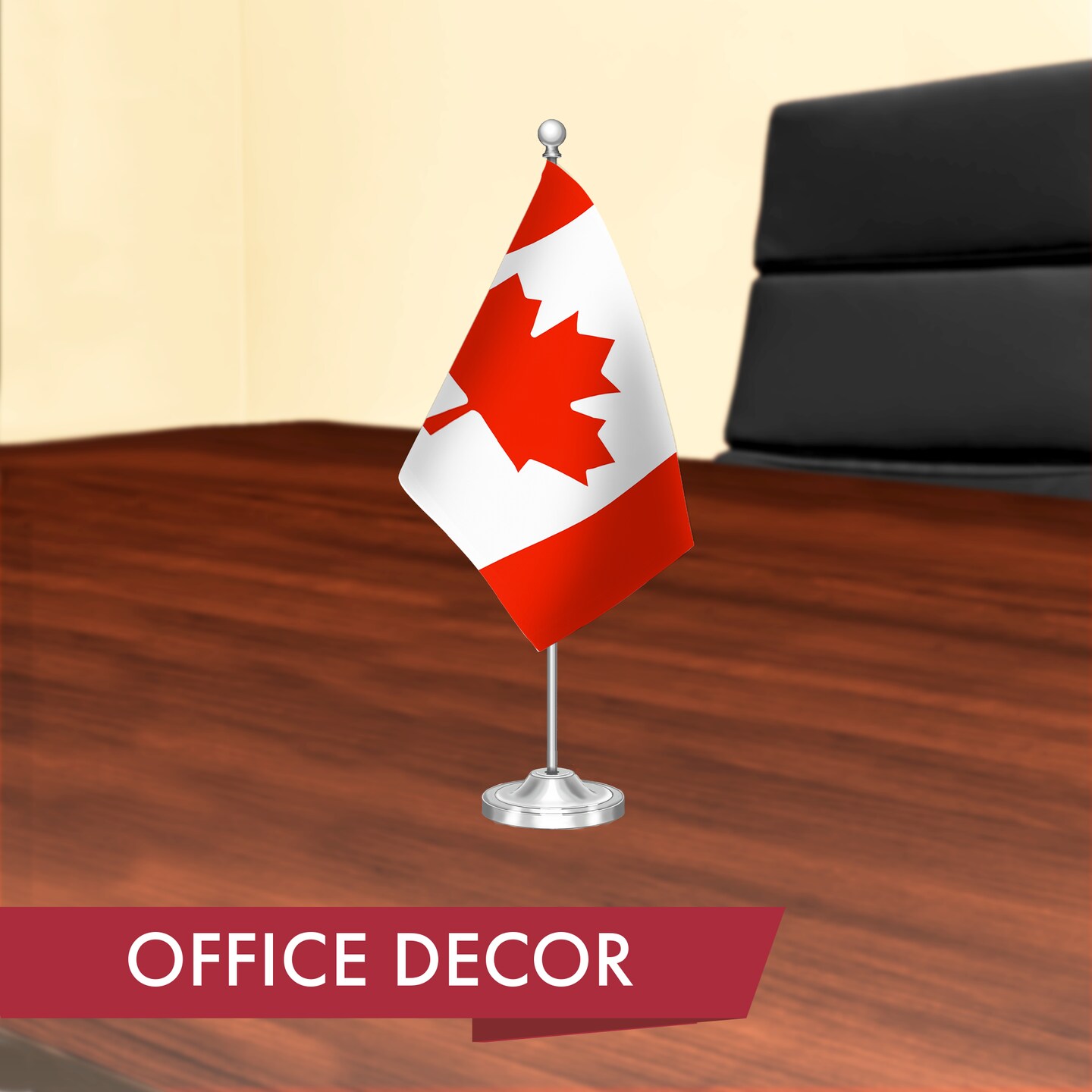 G128 Canada Canadian Deluxe Desk Flag Set | 8.5x5.5 In | Printed 300D Polyester, with Silver Dome and Base, 15" Metal Pole, Decorations For Office, Home and Festival Events Celebration