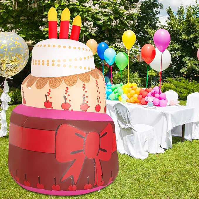 GOOSH 6.4 FT Birthday Inflatables Cake with Candle Happy Birthday with Colorful Rotating LED Lights (Red-B)