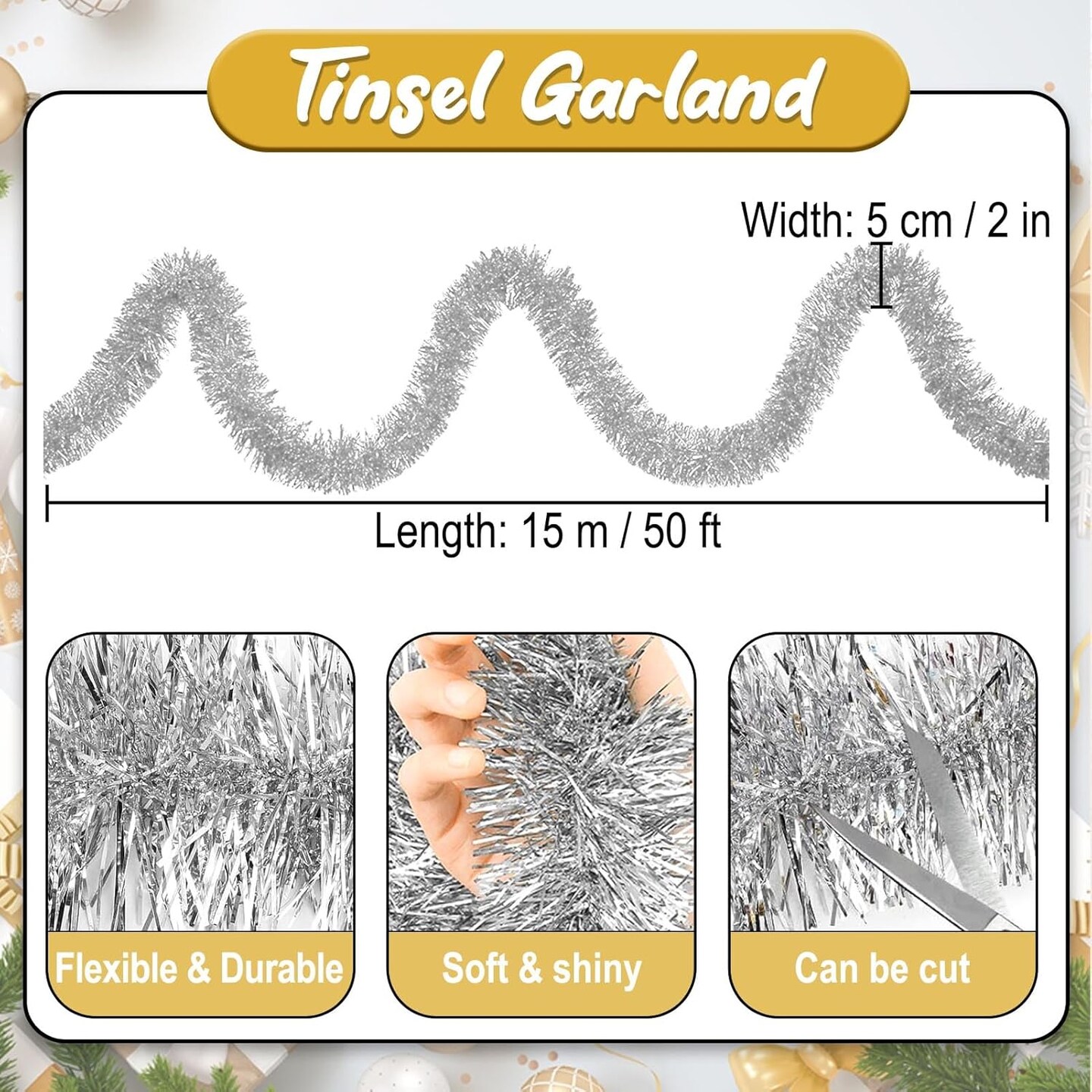 2in x 50ft - Silver Christmas Tinsel Garland Decorations(Silver)