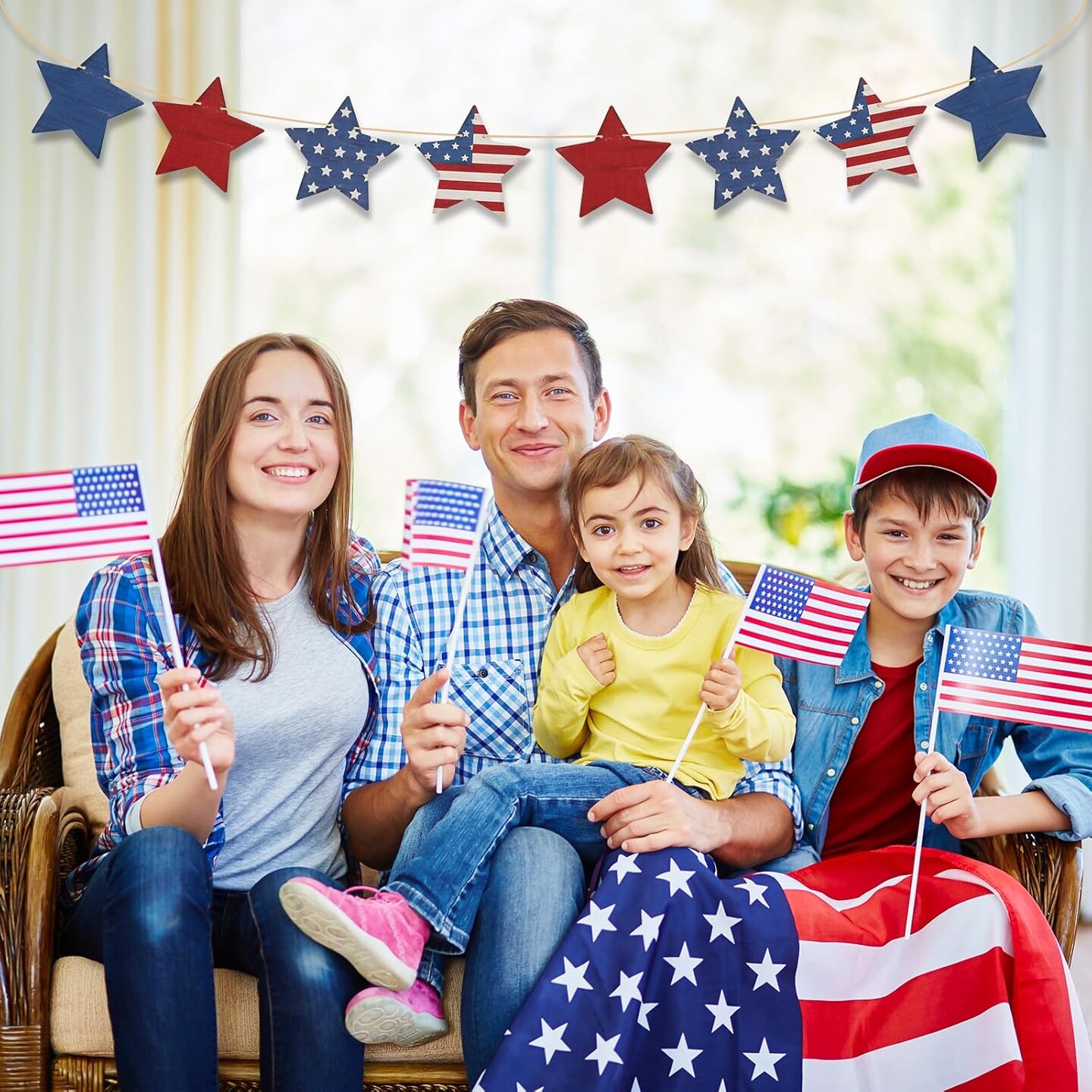 4th of July Patriotic Garland Decorations, Rustic Wooden Star Red White and Blue Garland Decor