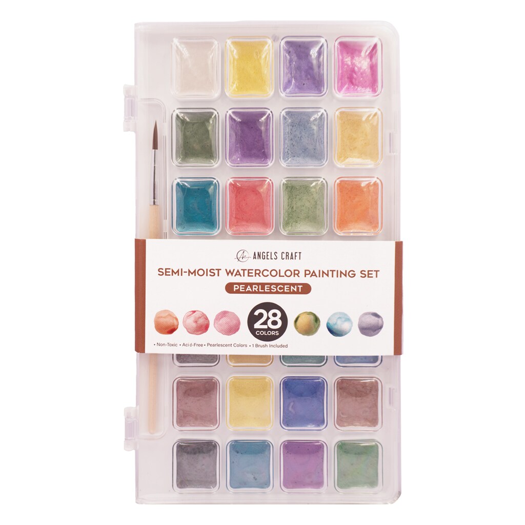 Angels Craft Pearlescent Semi-Moist Watercolor Paint Set Kit Includes 28 Colors &#x26; 1 Artist Brush