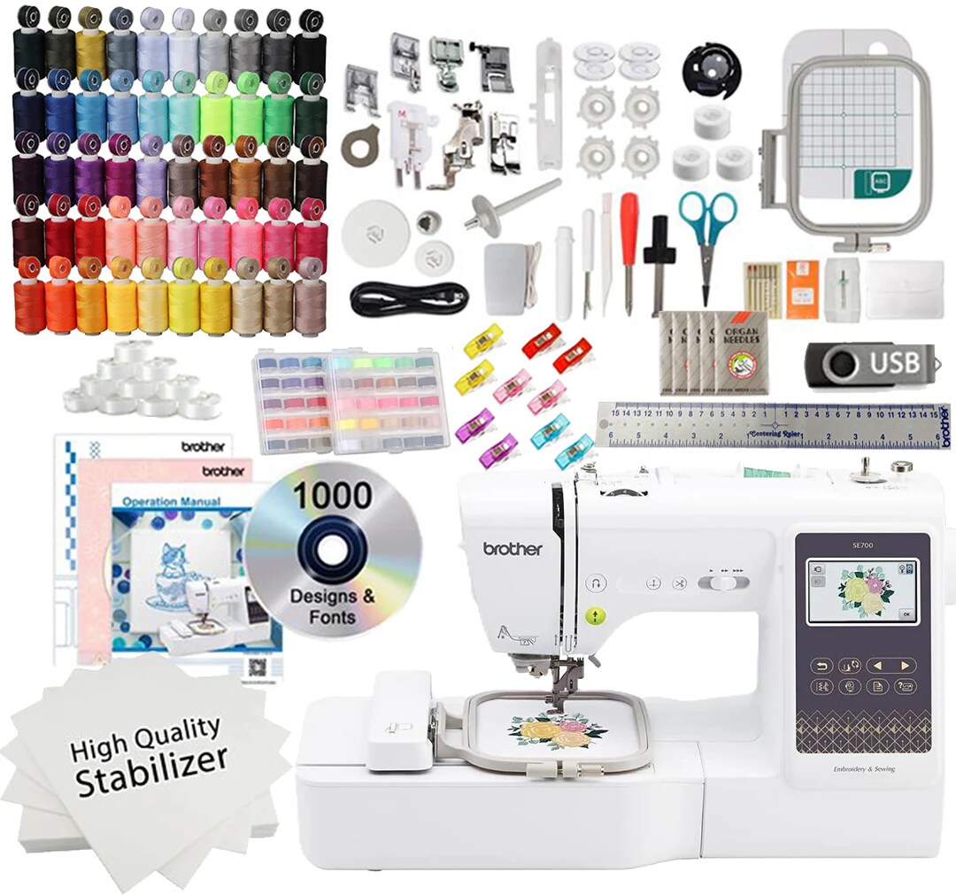 Brother SE700 Sewing and Embroidery Machine 4x4 With 50 Bobbins and Sewing Thread Spool Bundle