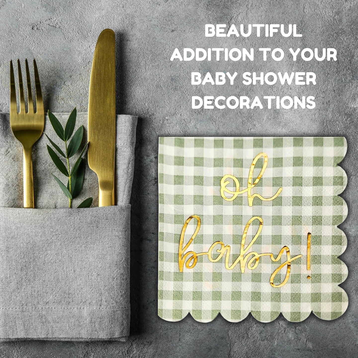 'Oh Baby' Baby Shower Decorations, 50 Pack, Gold Oh Baby Napkins in Plaid Sage Green Pattern, Scalloped Edges