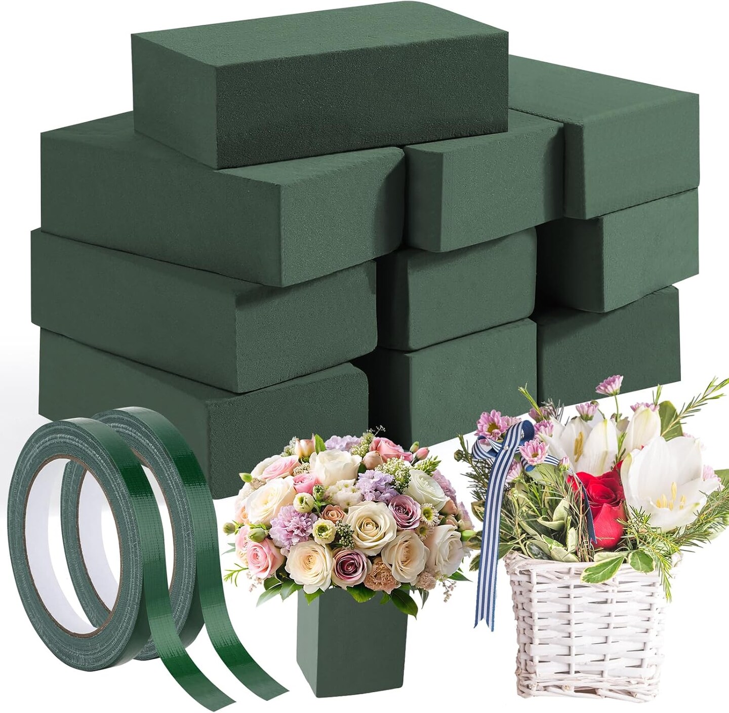 10 Pcs Green Floral Foam Blocks with 2 Rolls