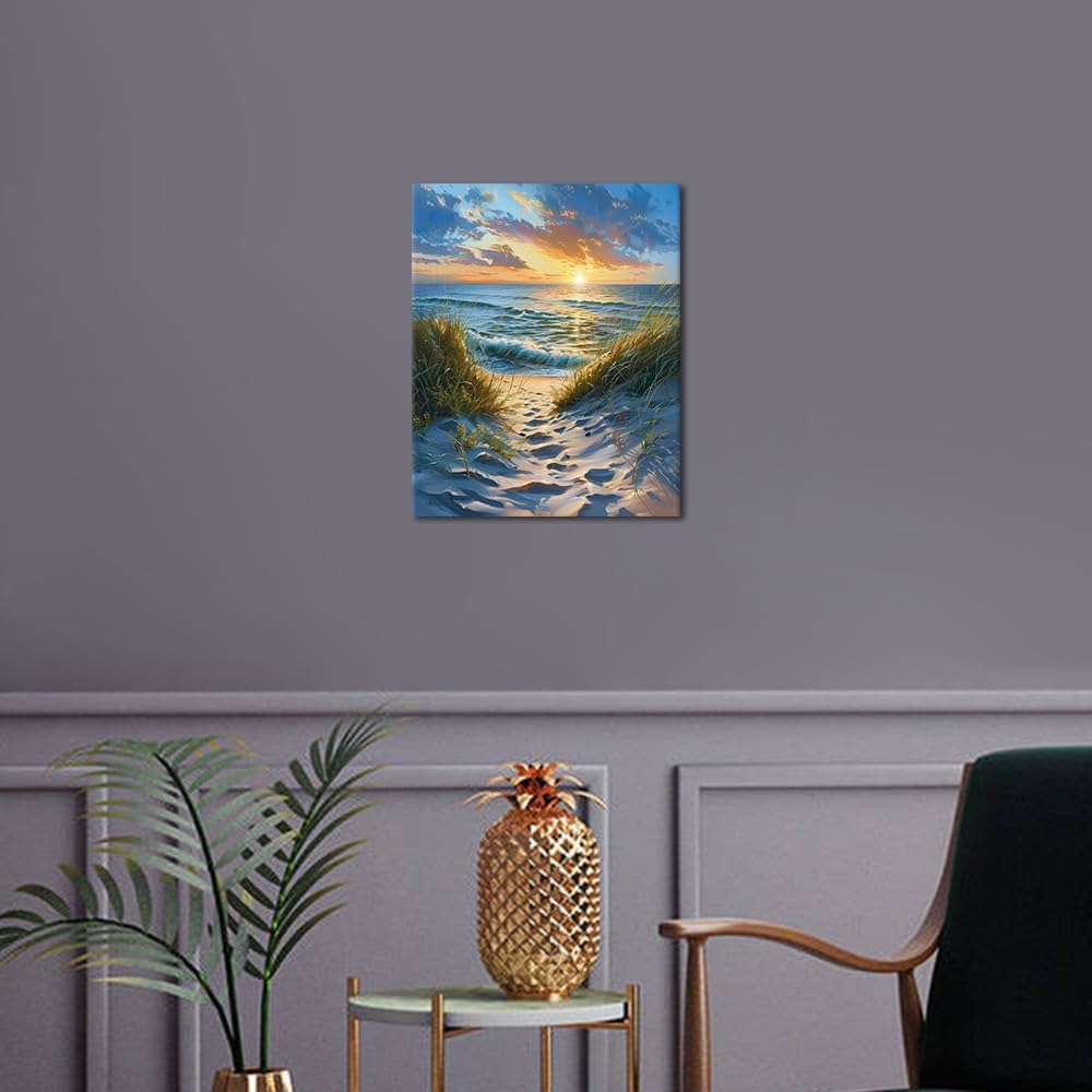 DIY Paint by Numbers for Adults - Beach Scene with Sunrise, Abstract Canvas Wall Art, 16x20 Inch