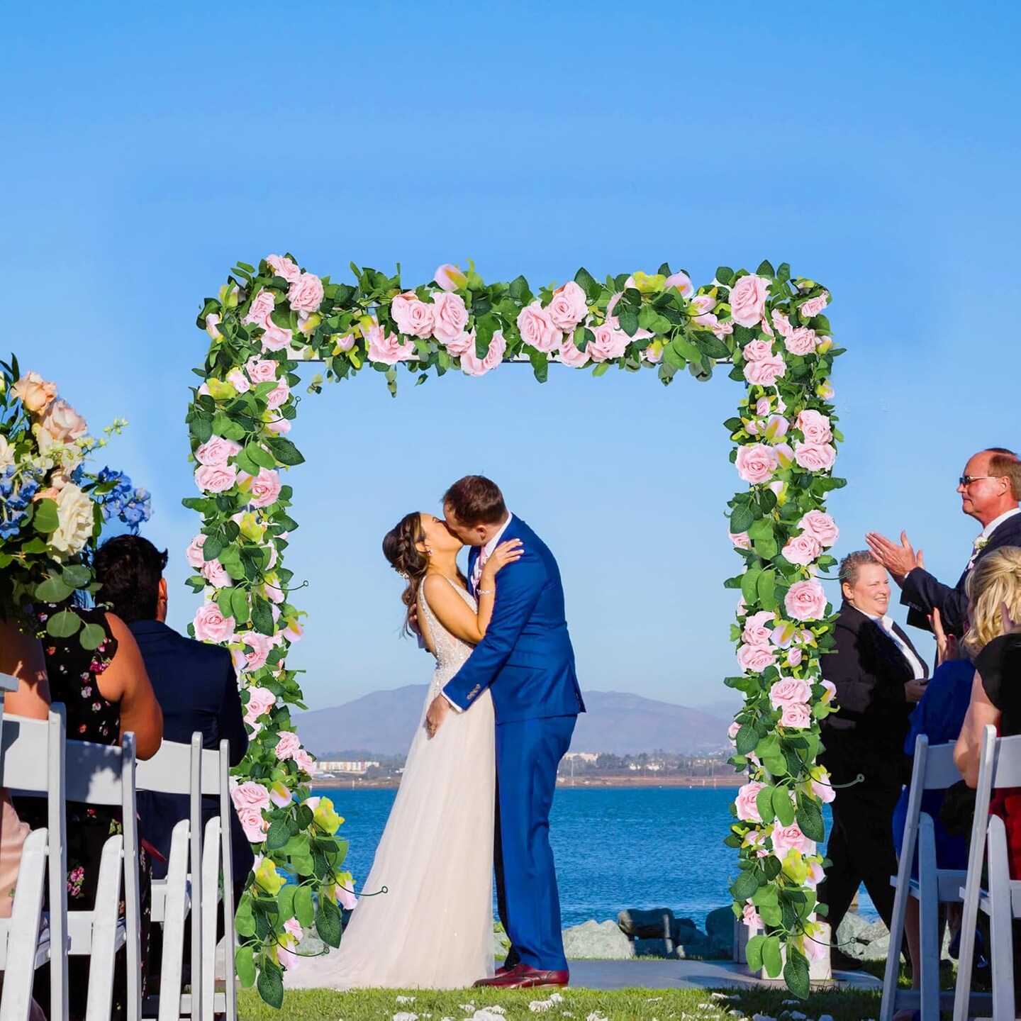 2Pcs 15.5Ft Artificial Rose Vine Fake Flower Garland Floral Garland Faux Silk (Pink)