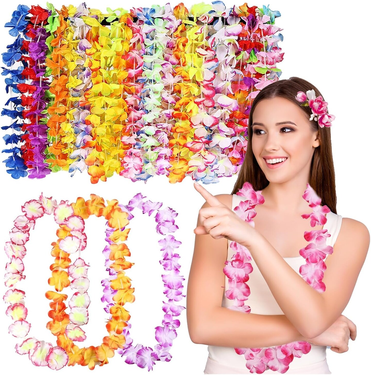 25pcs Leis for Luau Party - Colorful Hawaiian Leis Bulk Tropical Flower Lais Hawaii Decor for Summer Beach Pool Decoration Favour Supplies